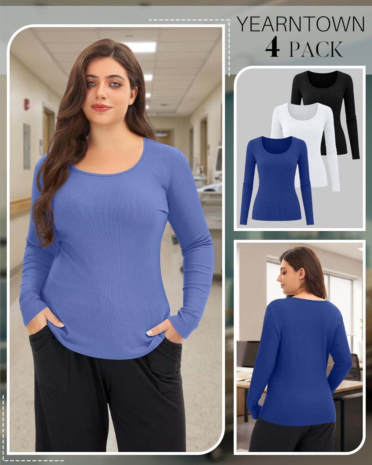 4 Pack Women's Plus Size Underscrubs Shirts, Cotton Ribbed Long Sleeve Nurse Top Scoop Neck Fitted Basic Undershirt - Image 3