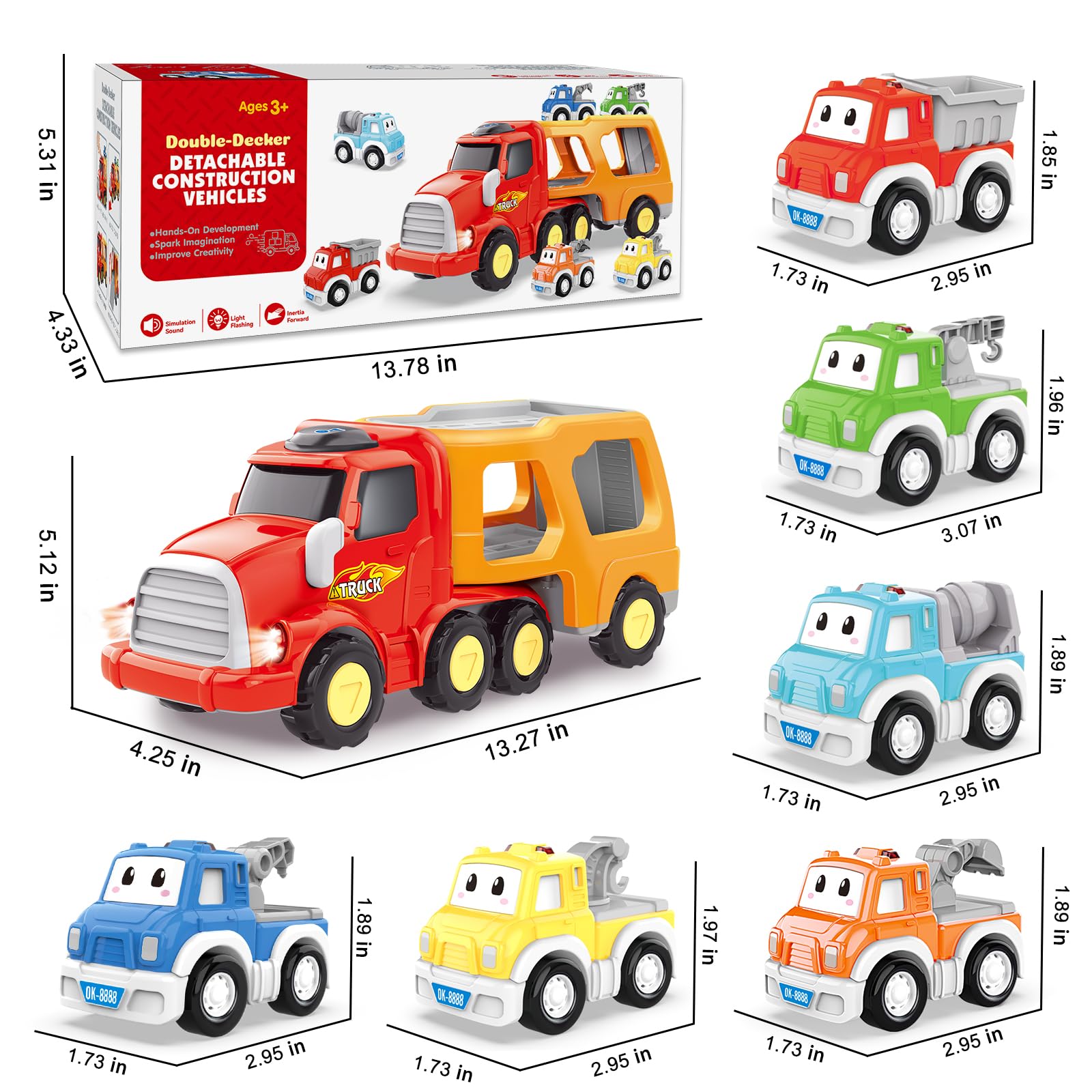 Camión de Juguetes - 7 en 1 Transportador Coches con Luces y Sonidos - Regalo para Niños 1-4 Años