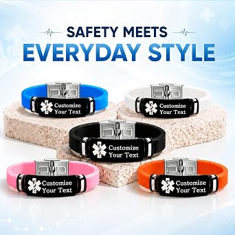 Custom Engraved Lightweight Silicone Medical Alert Bracelet – Waterproof, Comfortable Stainless Steel Tag, Unisex, Multi-Color Options, Daily Wear, Fitness & Outdoor Activities