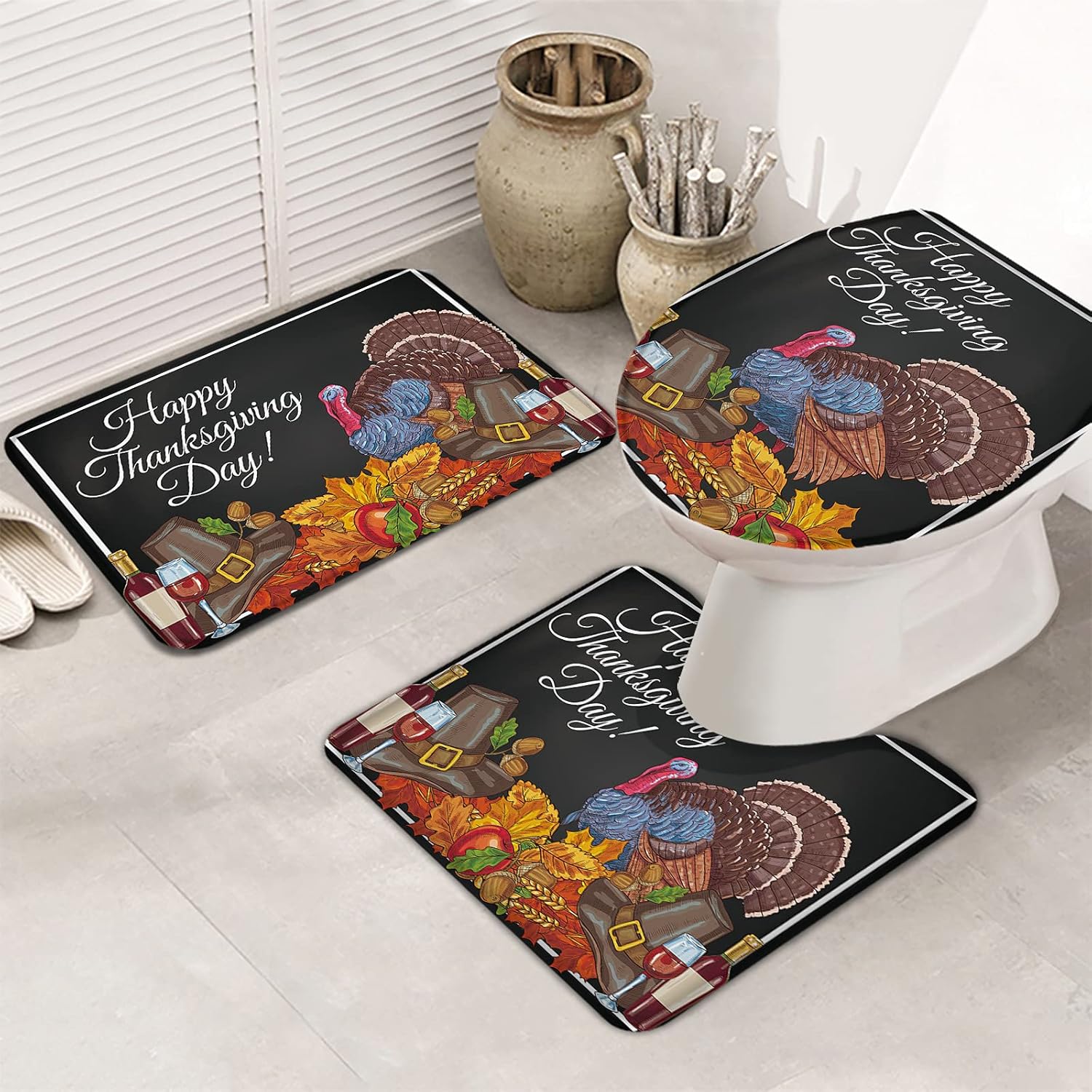 3 Pieces Bath Rug Set Toilet Day Thanksgiving Regular Dealer Cover Q Happy Seat