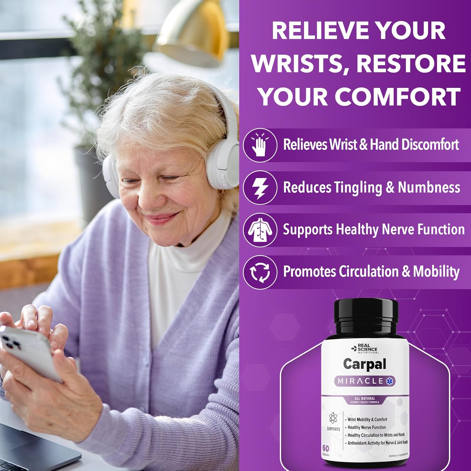 Real Science Carpal Miracle – All Natural Carpal Tunnel Relief & Wrist Support Supplement with Vitamins B6, B12, C, D, K + GABA – Hand & Nerve Comfort – Made in USA, 60 Caps