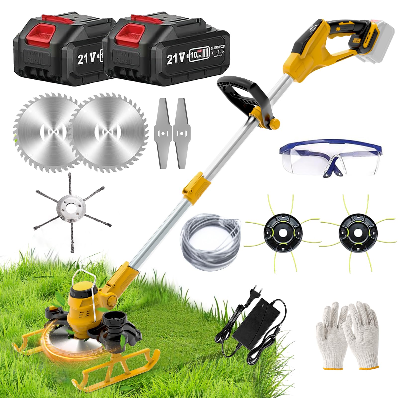 Cordless Strimmer  21V Battery Strimmer Cordless  Lightweight Garden Strimmers with Weed Brush  Metal Blade Strimmer  4 Types Blades  Wheels  Telescopic  Grass Trimmer for Yard  Sidewalk Edges