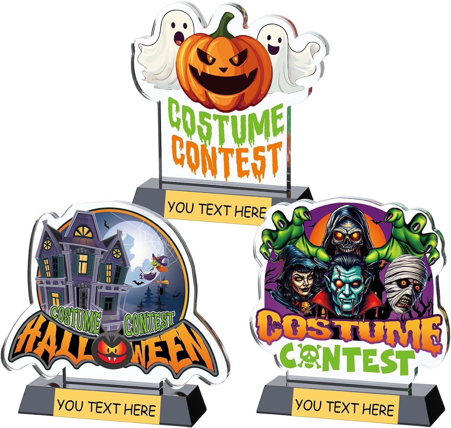 Colingmill 3 Pcs Halloween Trophy Award 5.4 Inch Acrylic Costume Trophy Halloween Costume Contest Awards Funny Pumpkin Vampire Witch Cosplay Rewards Prizes for Office Party Supplies