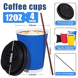 MOUMOULIFE 100-Pack Disposable Coffee Cups with Lids - 12 oz Insulated Paper Cups, To Go Paper Coffee Cups with Lids for Hot & Cold Drinks, Corrugated Design for Office, Home, Party