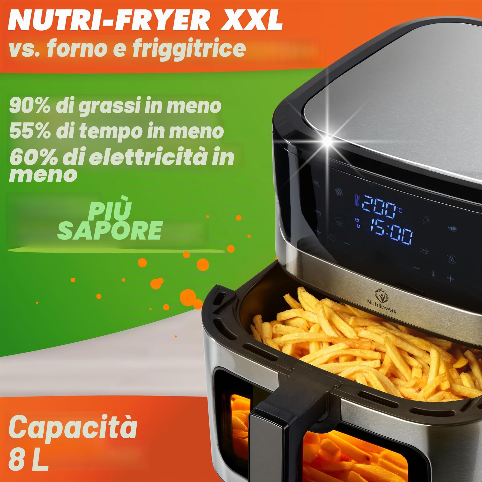Nutrilovers NUTRI-FRYER - Friggitrice ad aria calda in acciaio inox, XXL, 8 l, 2000 W, con display touch a LED, tecnologia Double Heating, finestra di visualizzazione, patatine a basso contenuto di