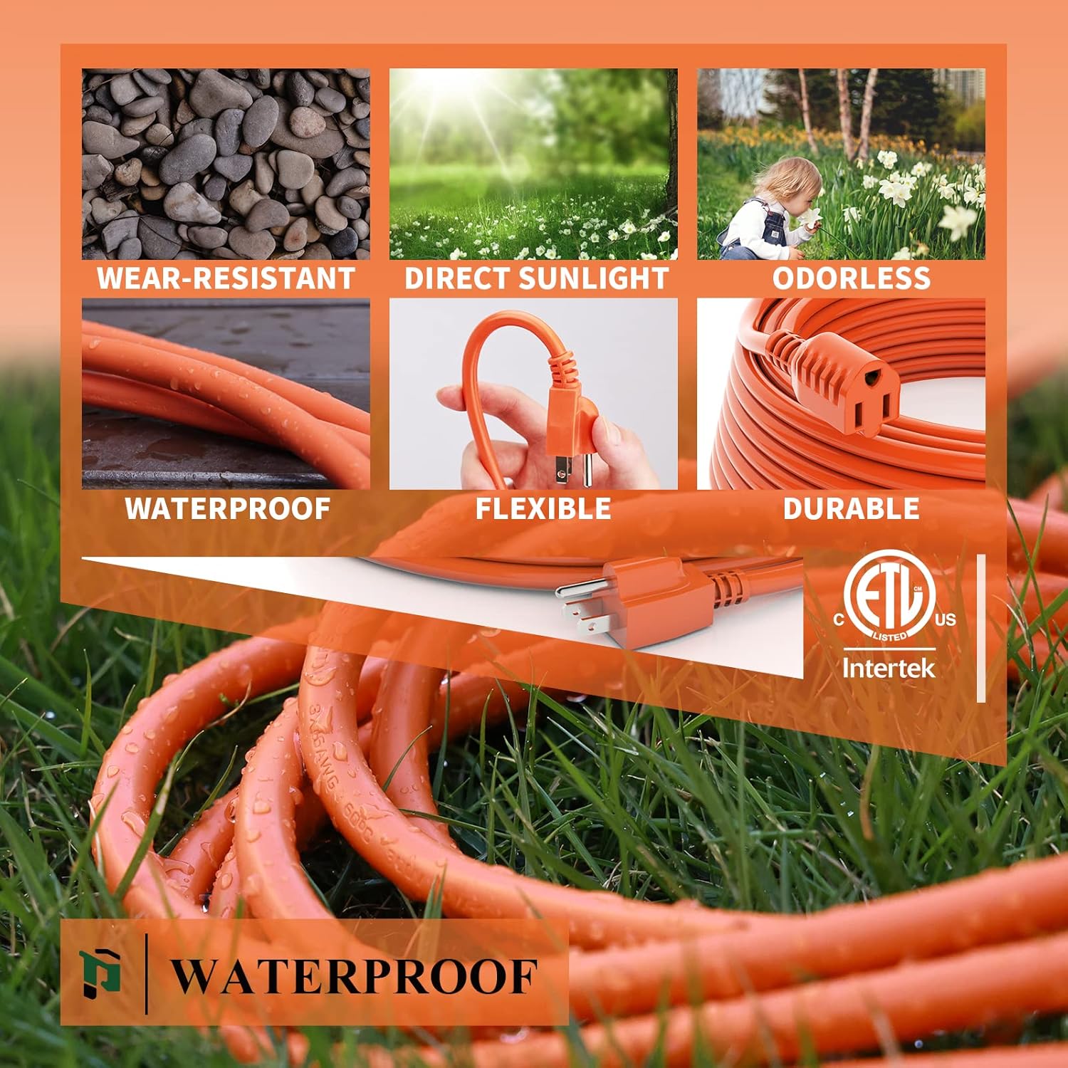 Outdoor Extension Cord 100 FT Waterproof, 16/3 Gauge Heavy Duty 3 Prong Extension Cord, 13A 1625W SJTW, ETL Listed, Great for Garden and Home, Orange
