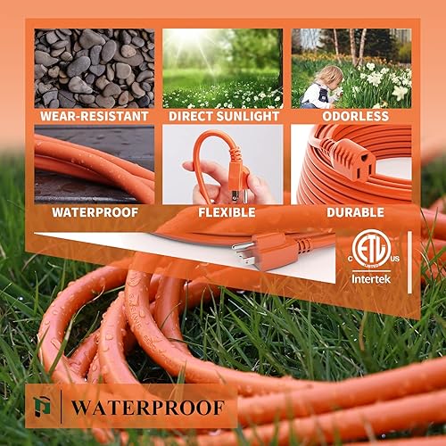 Miniatura 10 de Cable de extensión para exteriores de 50 pies, impermeable, calibre 163, cable de extensión de 3 puntas, 13A 1625 W SJTW, certificación ETL, ideal