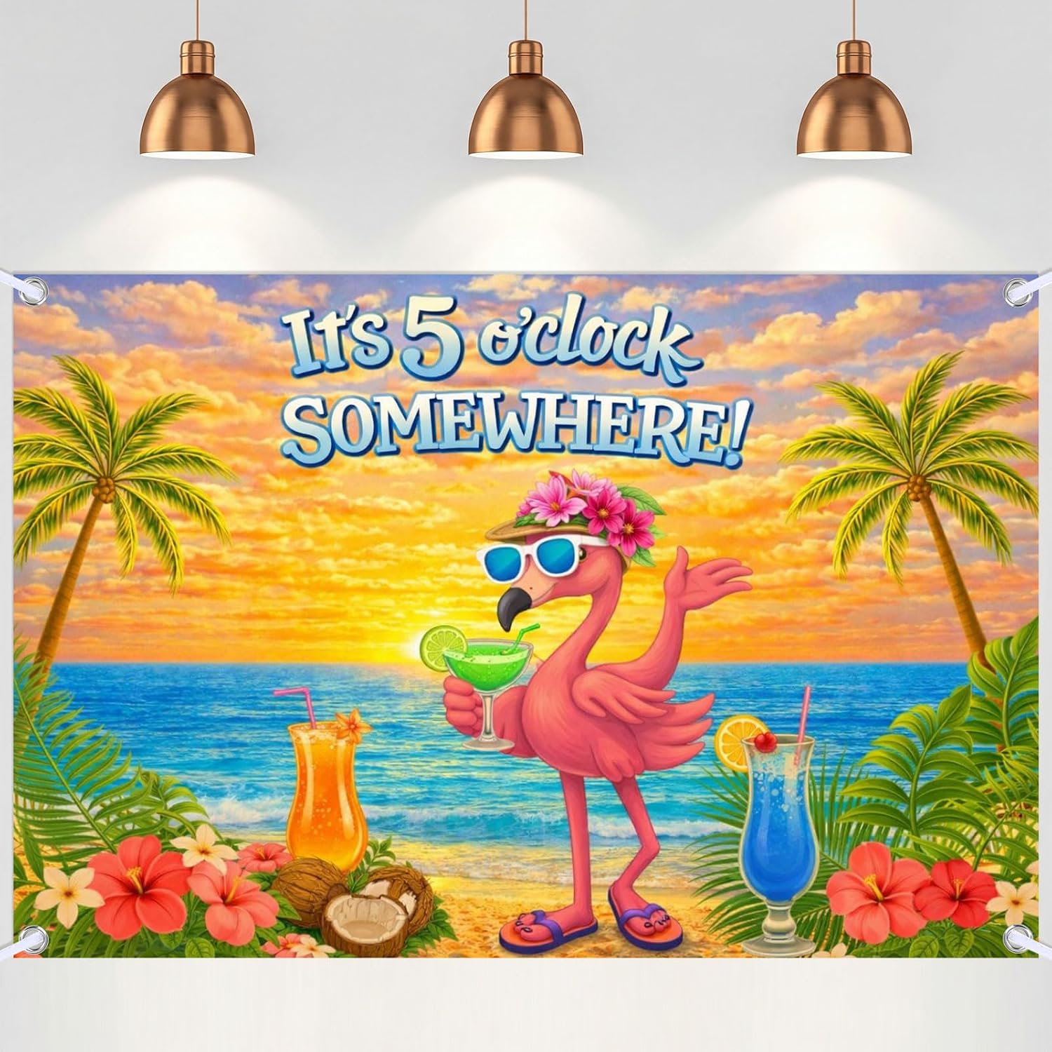 Mixweer It's 5 O' Clock Somewhere Summer Backdrop Tropical Parrot Banner Beach Hawaii Decoration Polyester Background Nautical Cocktails Drinks Bar Party Supplies Holiday Photo Booth Prop(Tropical)