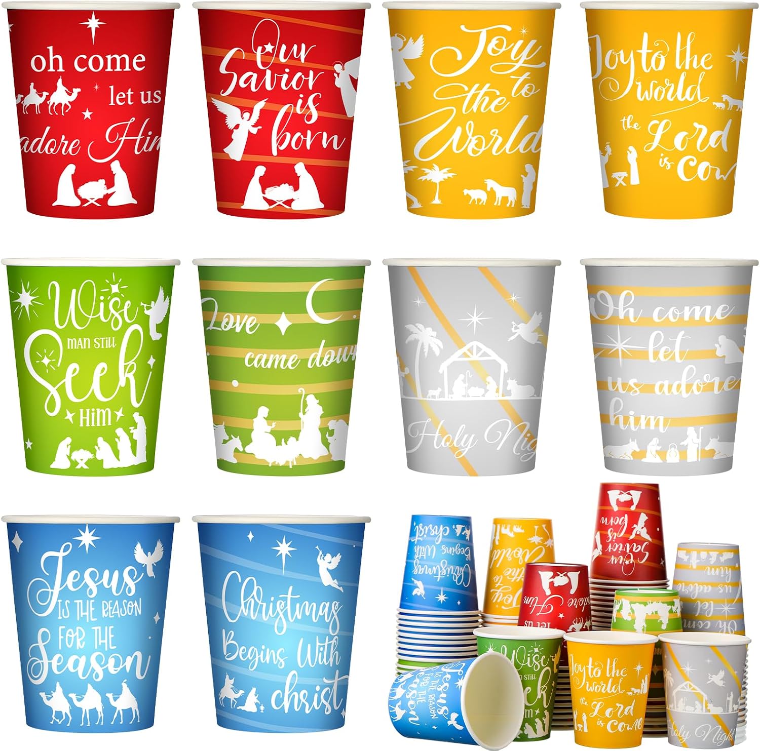 Umigy 100 Pcs Christmas Paper Cups Disposable 9 oz Hot Chocolate Coffee Cups Holiday Party Nativity of Jesus Theme Drinkware for Christmas Holiday Party Supplies