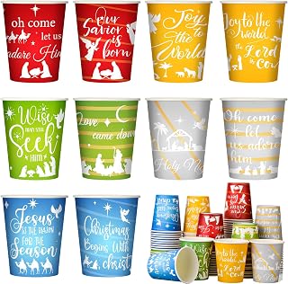 Umigy Christmas Paper Cups Disposable 9 oz Hot Chocolate Cups Coffee Cups Holiday Party Cups Christmas Tree Snowflake Plaid Coffee Cups for Hot Chocolate Party Supplies (Holy Style,100 Pcs)