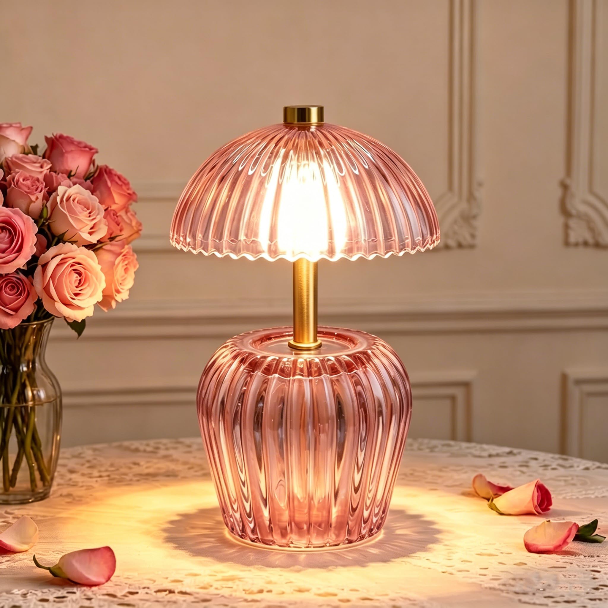 ONXE Battery Operated Mushroom Lamp, Small Cordless Glass Table Lamp with Warm LED Light for Bedroom, Bedside, Living Room, Office and Home DΓ©cor, Pink