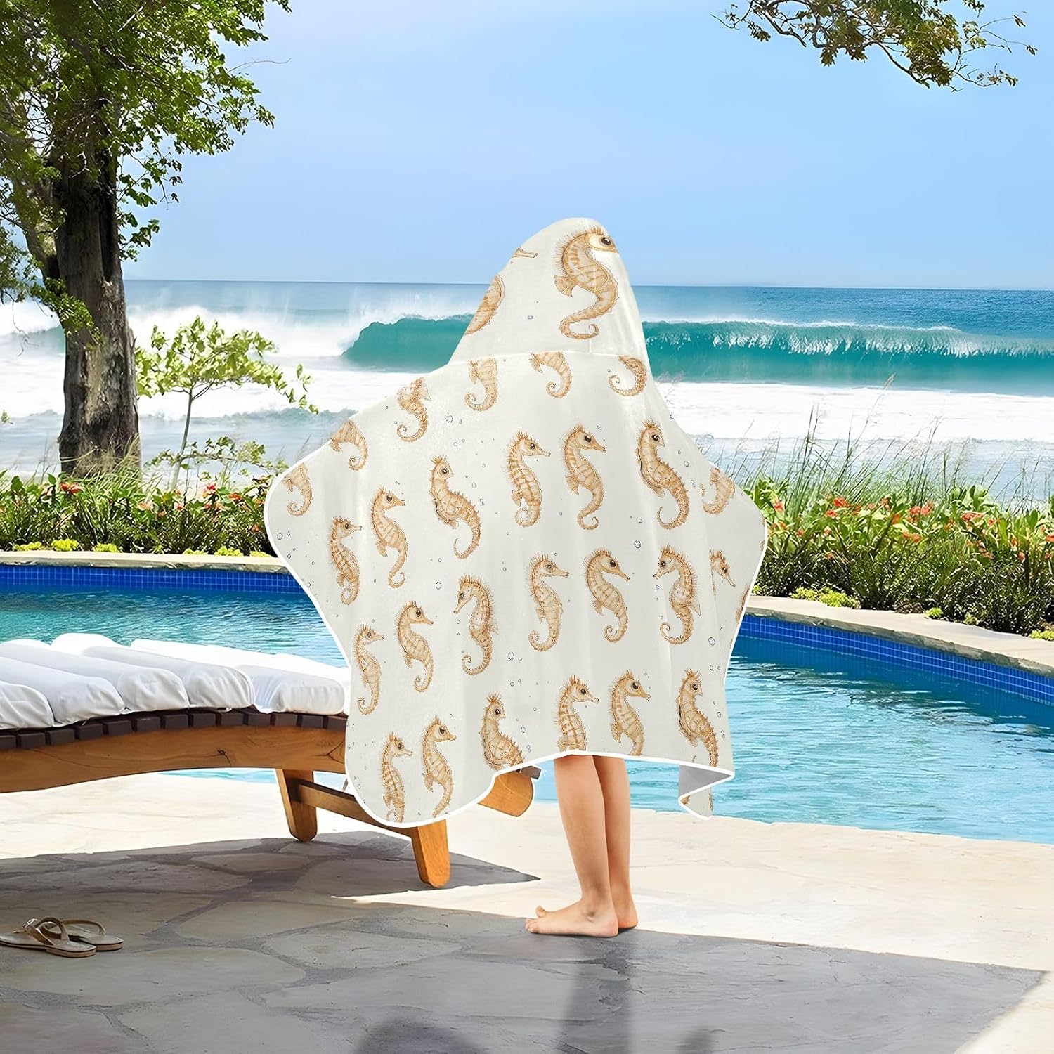 Beach Towel Kids Cute Seahorse Neutral Hooded Towels for Boys Quick Dry Toddler Bath Towels