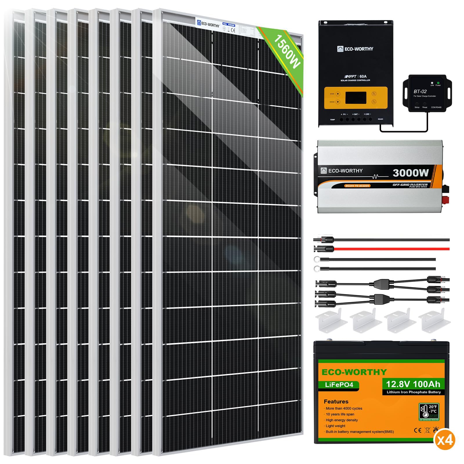 ECO-WORTHY 24V 1560W 0% VAT Solaranlage Komplettset Netzunabhängige,6kW·h/Tag Solarpanel System mit LiFePO4 für Wohnmobil: 4 * 12V 100Ah LiFePO4+8 * 195W Solarpanel+24V 3000W Inverter