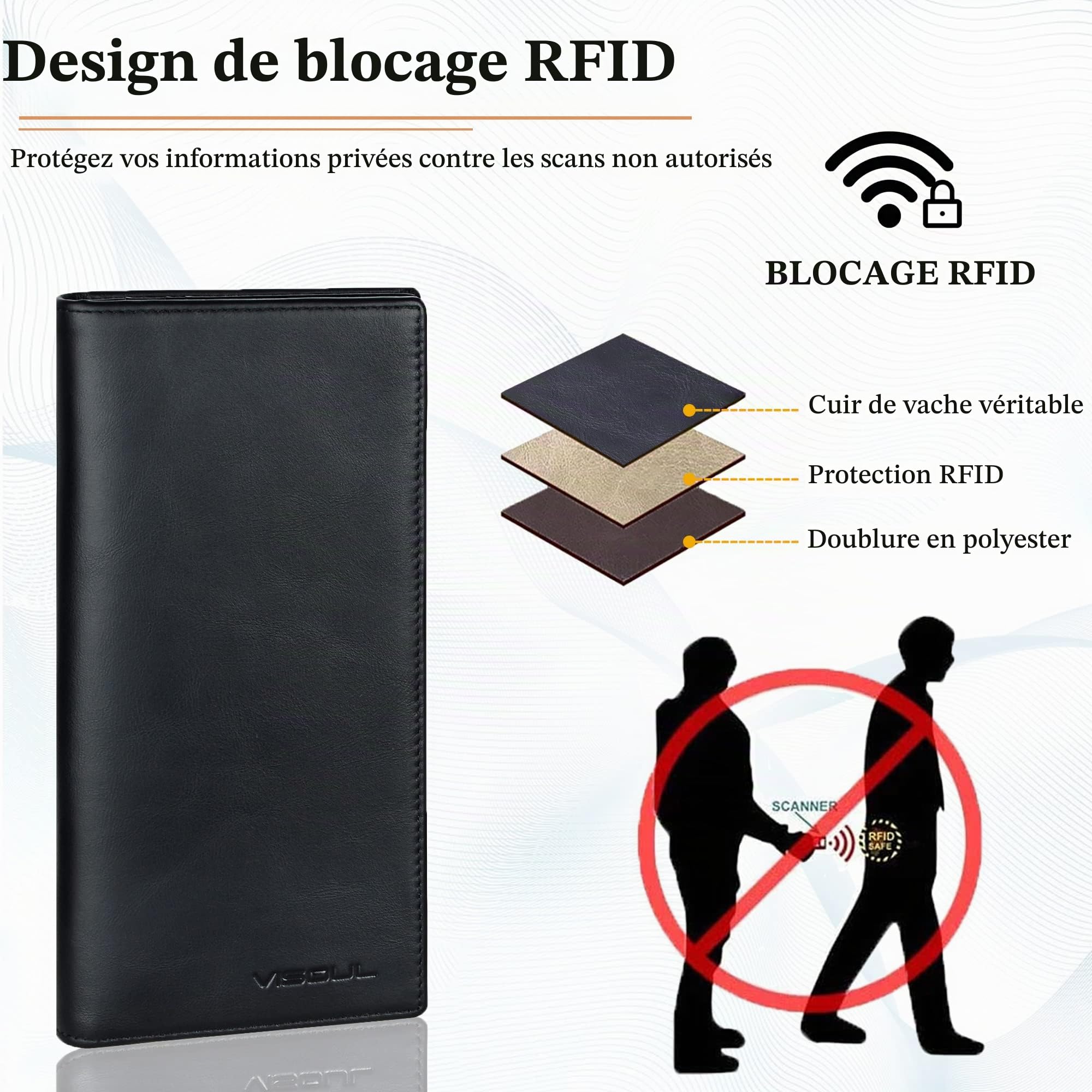VISOUL Portefeuille Homme en Cuir Véritable, Portefeuille Long à Deux Volets en Cuir avec Blocage RFID, Porte Chéquier avec 3 Compartiment à Billets et 12 Emplacements pour Cartes (Noir)