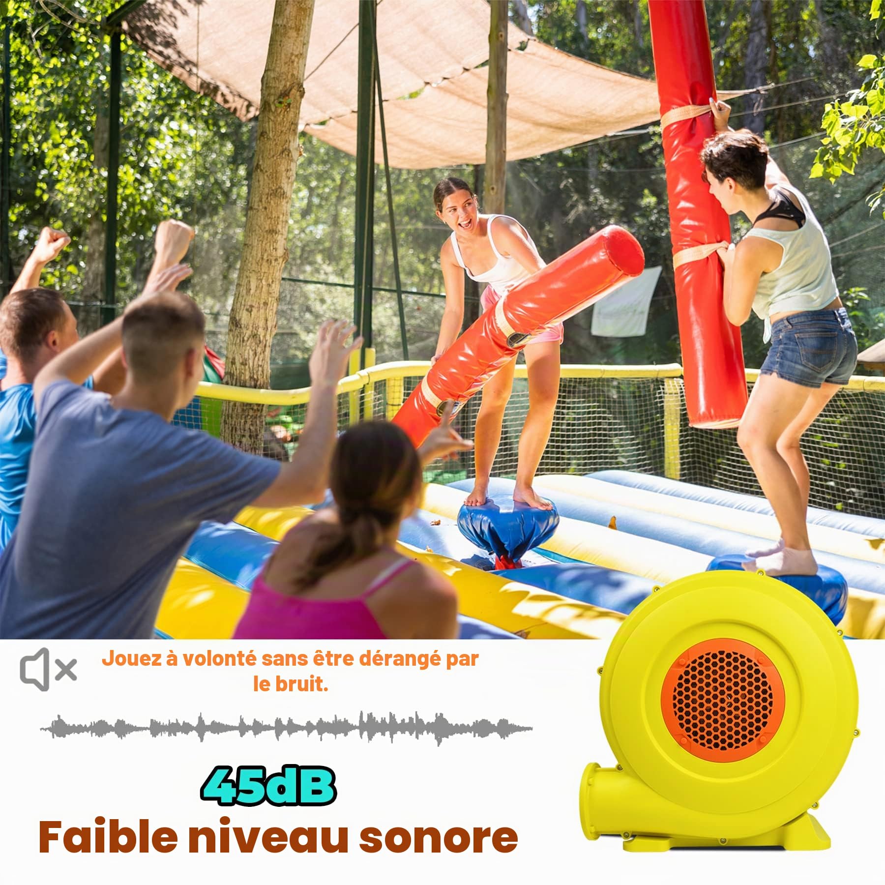 Froadp Ventilateur d'air portable Pompe gonflable électrique 2100Pa Faible Bruit Souffleur jeu gonflable Jaune+Orange