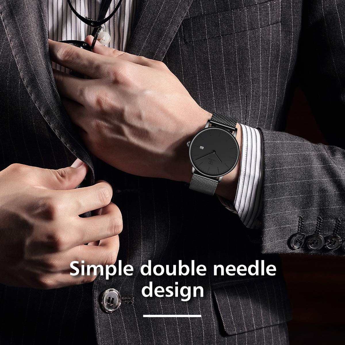 Orologio da polso da uomo, stile minimalista, semplice, con data analogica, cinturino in rete in acciaio inox