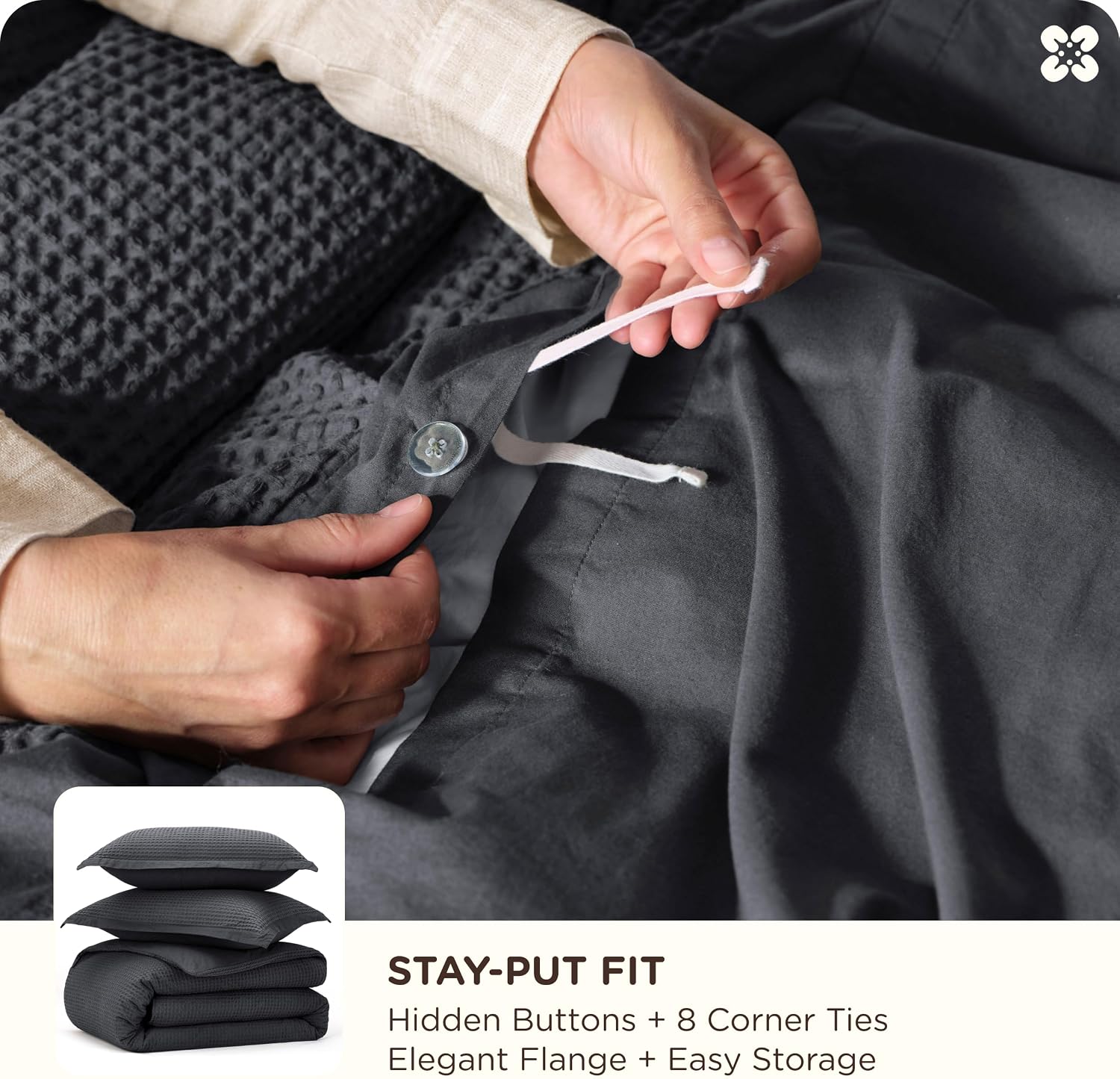 Bedsure PureWoven 3 Pieces Cotton Waffle Weave Duvet Cover, Charcoal Black image 5