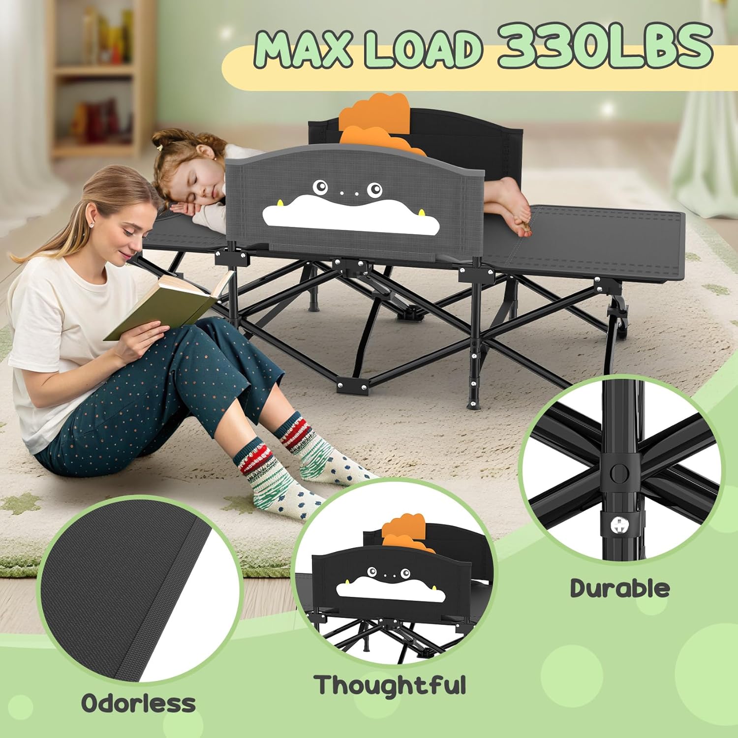 Slendor Toddle Cot, Toddler Portable Bed w/Cartoon Handrail, Blanket (5ft x 4ft), Folding Toddler Cots for Camping, Travel Bed, Extra Long Cot Length 56", Support 330 Lbs, Black