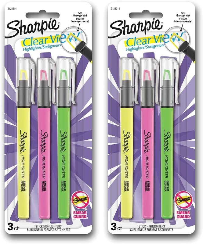 Sharpie Highlighter, Clear View Stick Highlighter with See-Through Chisel Tip, Assorted Colors, 6 Count