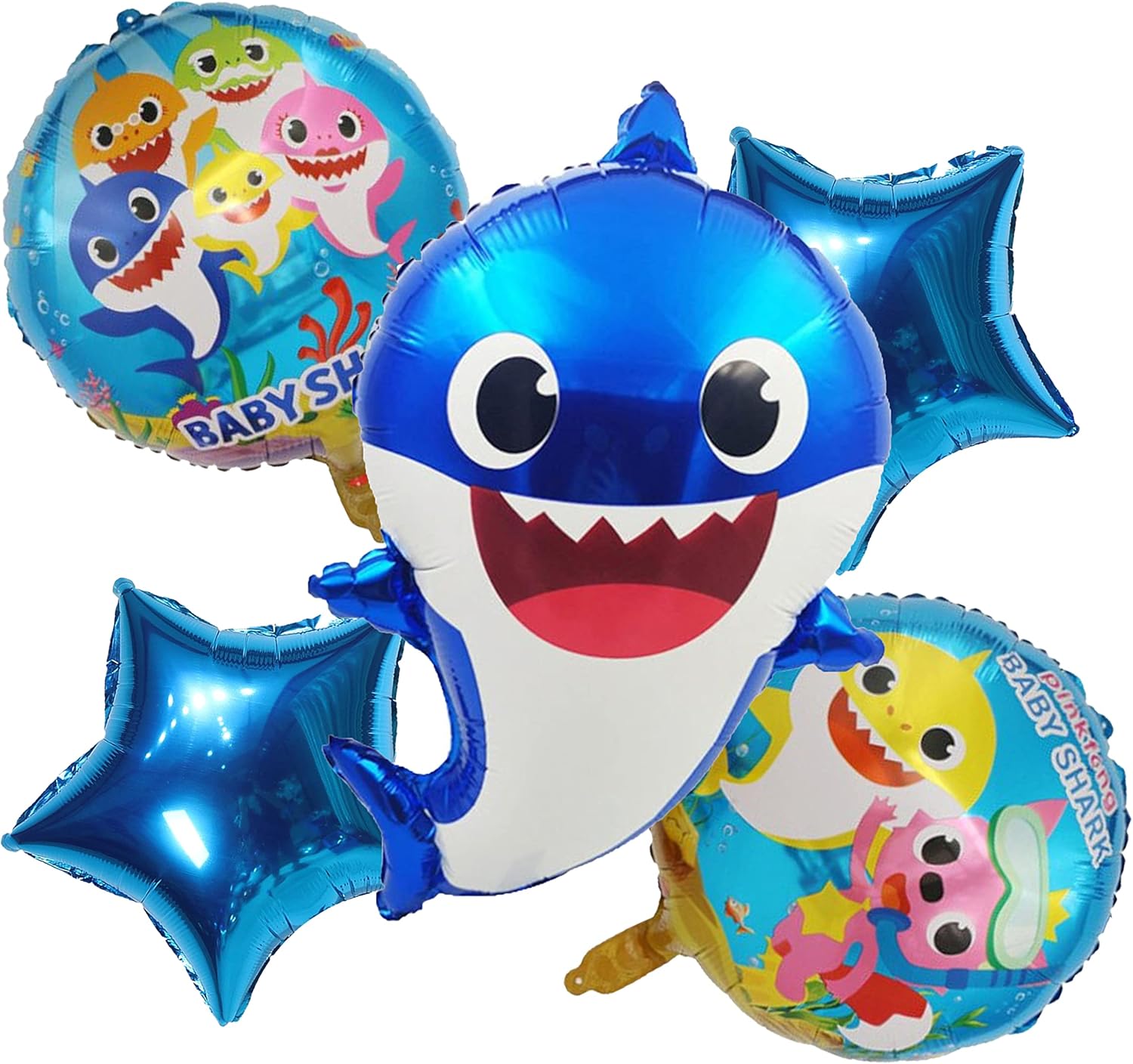 SET DE 5 GLOBOS METALICOS DE BABY SHARK IDEAL PARA FIESTA TEMATICA BABY