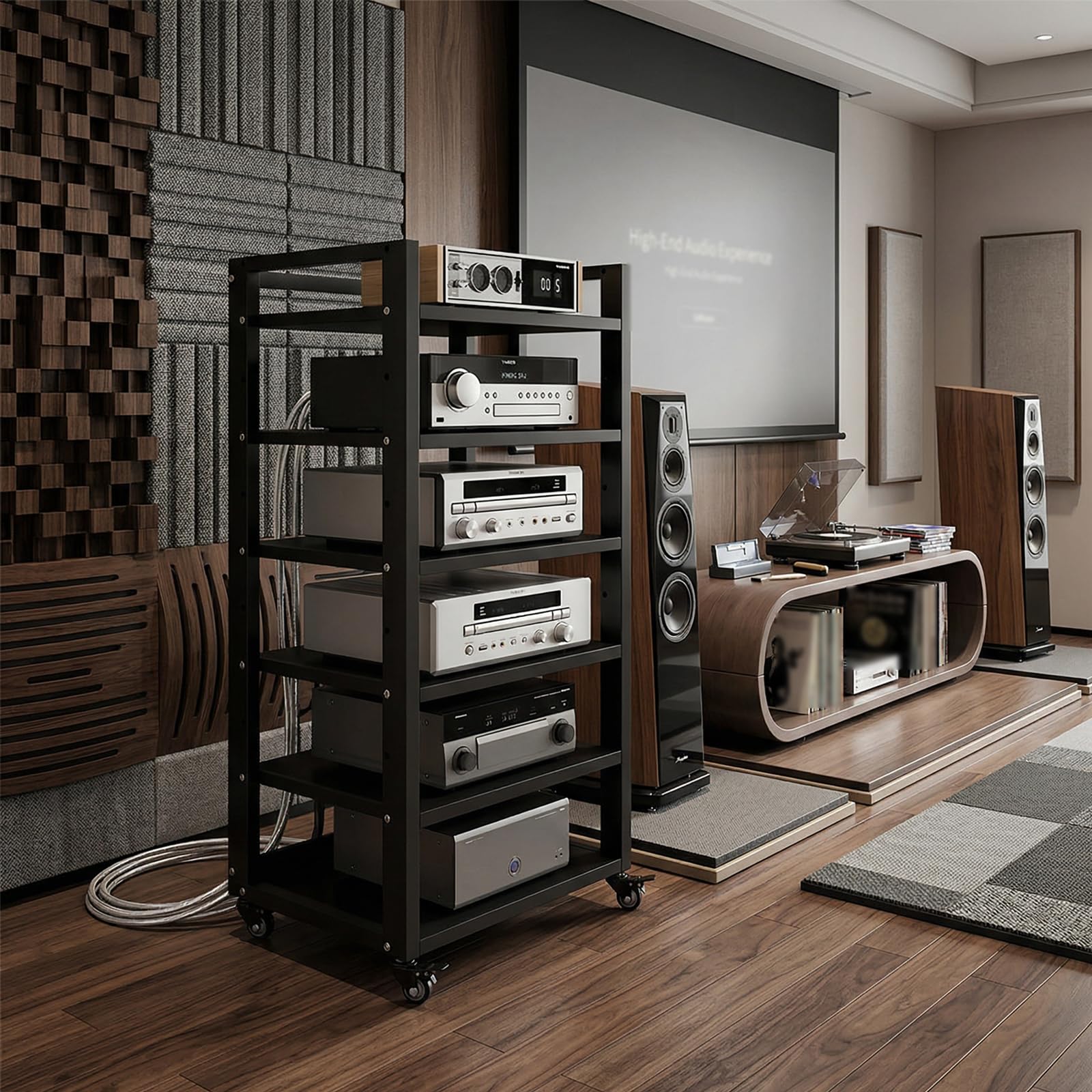 Mobile HiFi a 4 Ripiani per Giradischi e Componenti Audio - Supporto Multimediale Verticale con Struttura Robusta, Rack Stereo perfetto per Vinili, Console Gaming e Decoder, Design (A-6H, 50*40*120cm)