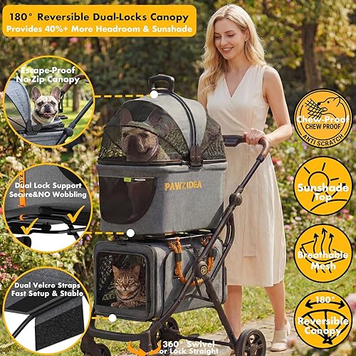 Vista 2 de PAWZIDEA Carriola Doble para Mascotas con 2 Portamascotas Desmontables, Jaula Portátil para Perros para Viaje en Auto y Porta Gatos Expandible