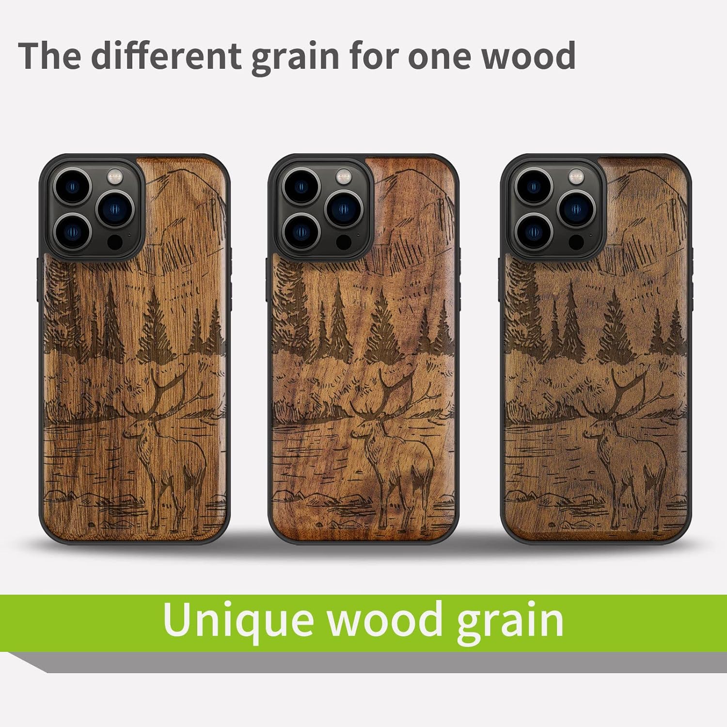 Carveit Magnetic Wood Case for iPhone 13 Pro Max [Natural Wood & Black Soft TPU] Unique Wooden Shockproof Protective Cover Compatible with magsafe (Mountains and Deer -Walnut)