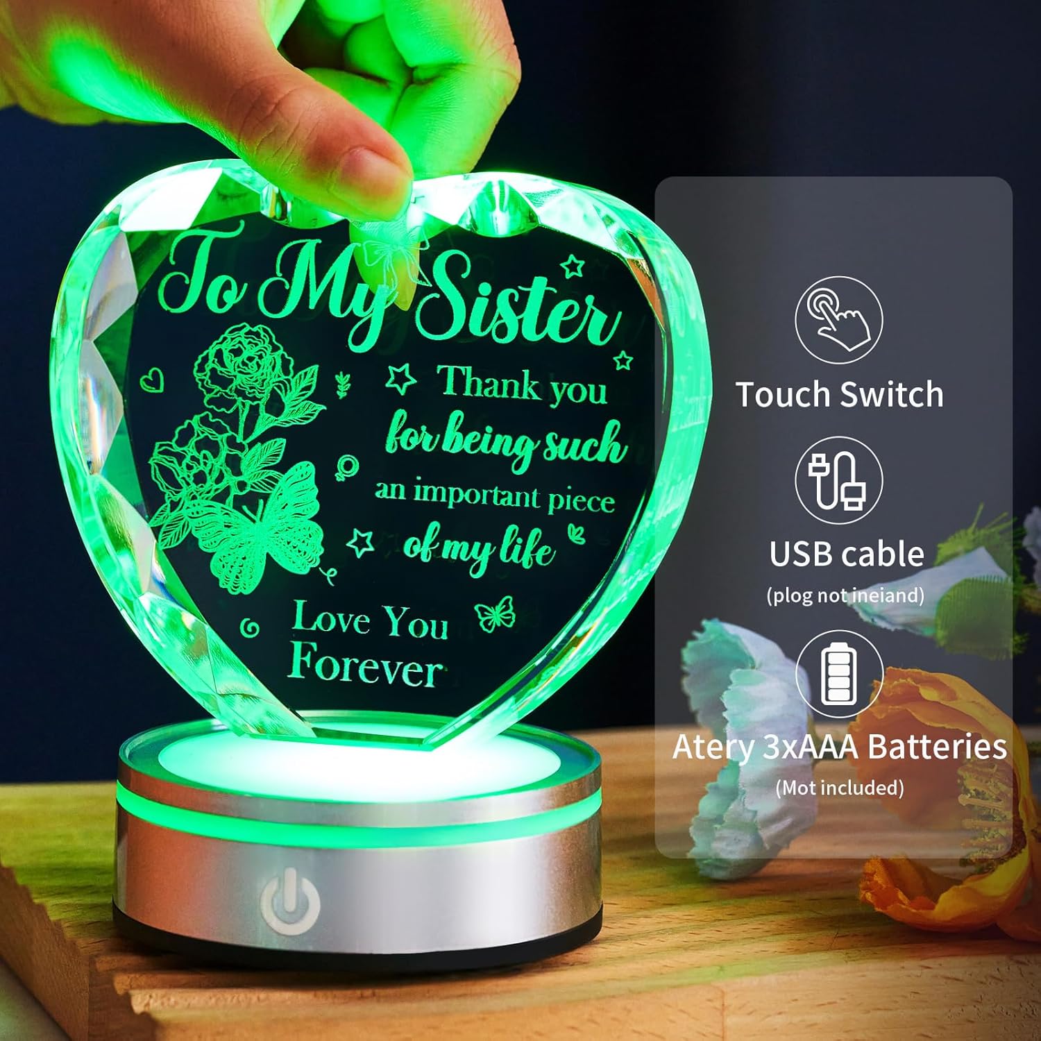 Crystal Heart Gift for Sister from Brother or Sister – Birthday, Christmas, Valentine’s Day & Mother’s Day Gifts for Sisters with Colorful LED Light Base (Sister Gift) - Image 4