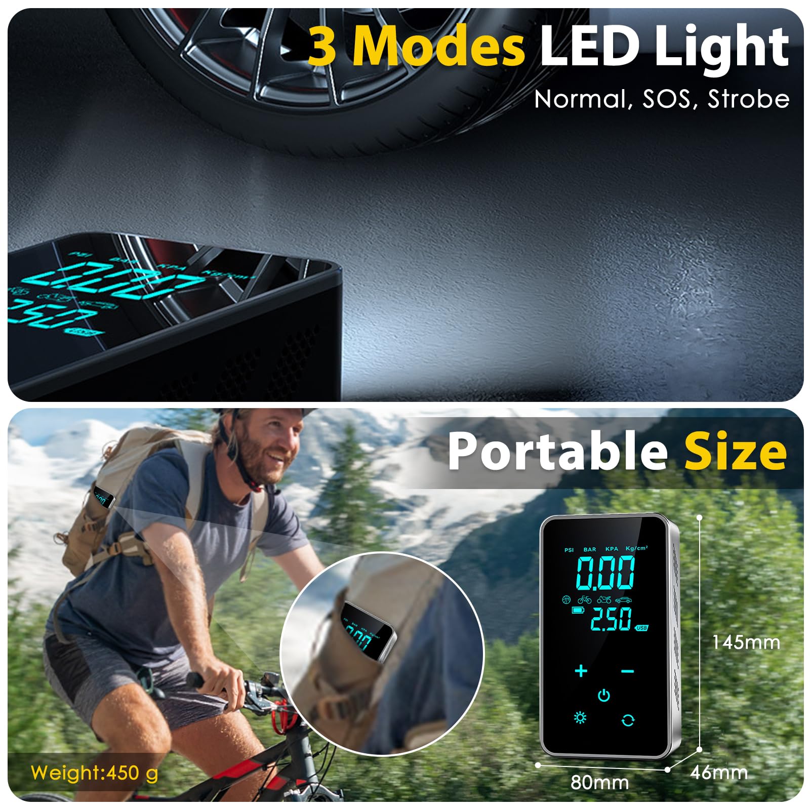 Elektrische Luftpumpe,150PSI Tragbar Mini Kompressor mit Digitale Anzeige, Elektrischer Kompressor Fahrradpumpe mit USB/LED-Licht, USB-Powerbank Multifunktions für Auto, Fahrrad, Motorrad