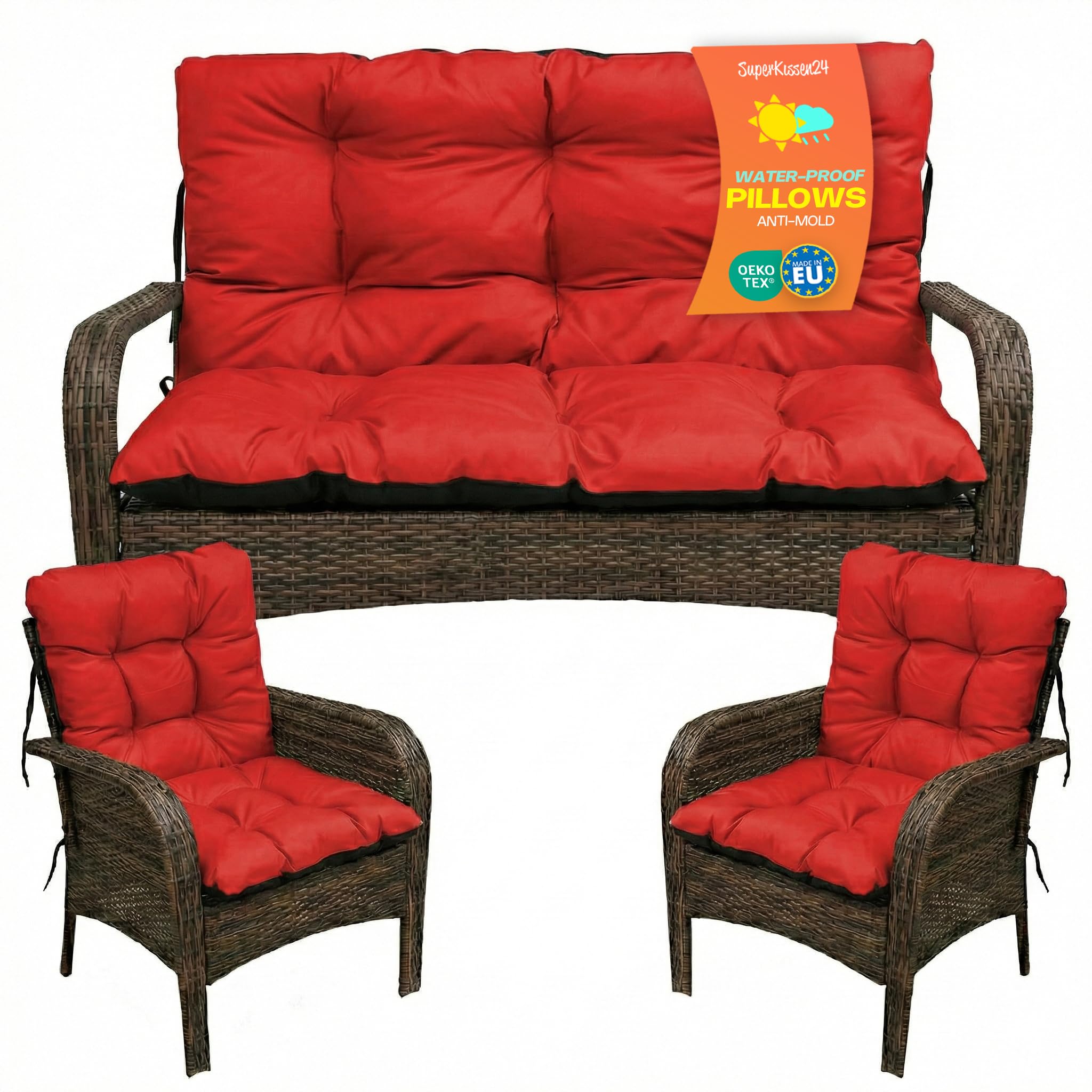 SuperKissen24. Coussin Dossier pour Banc de Jardin Canapé - 100x50 cm et Appui 100x60 cm + 2X 48x96 cm Coussin de Chaise Longue - Bain de Soleil - Intérieur/Extérieur - Imperméable - Rouge