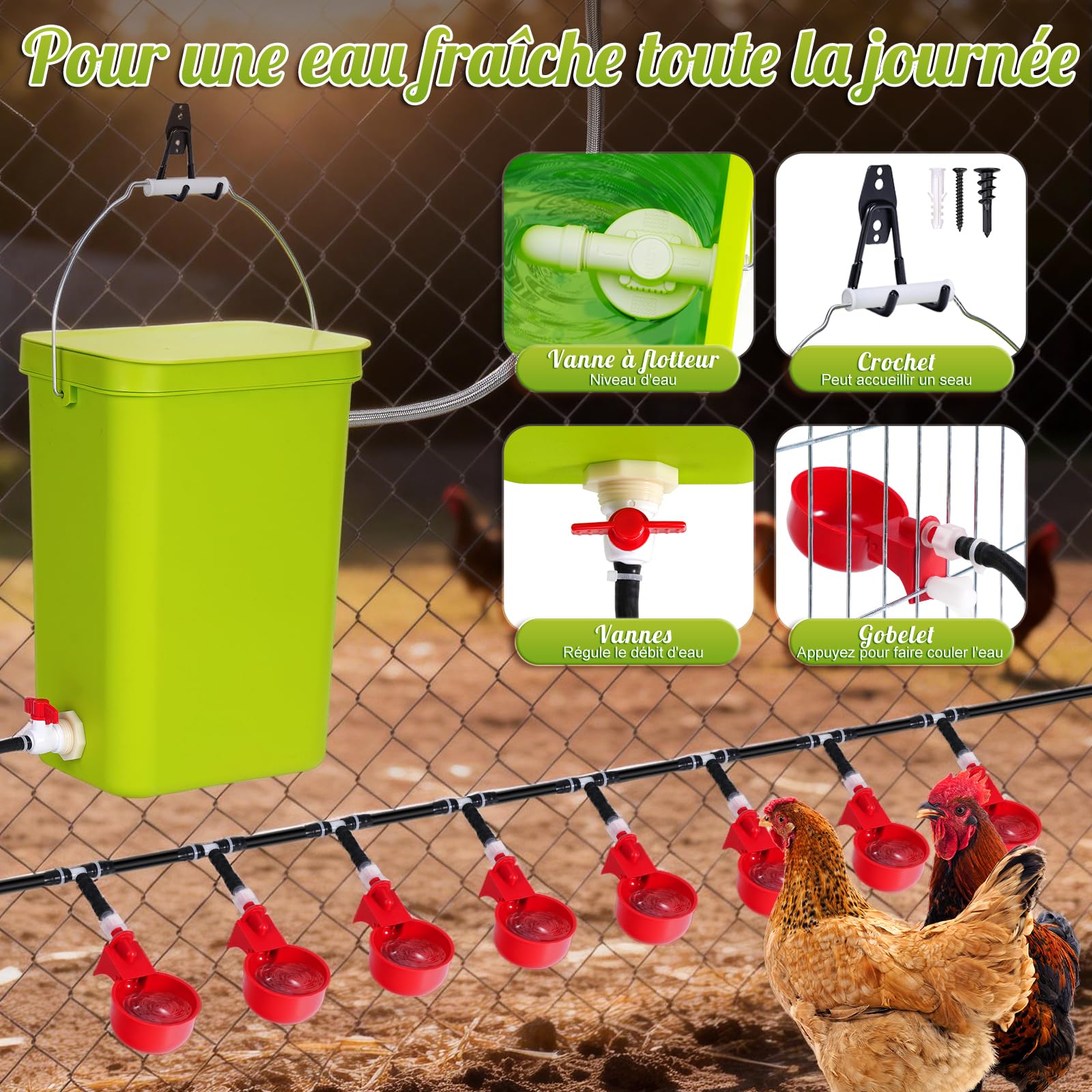 Kit complet 12 litres système d'abreuvoir automatique pour poules avec valve à flotteur, distributeur d'eau pour volaille avec coupelles, abreuvoir pour poules, canards, oies et cailles