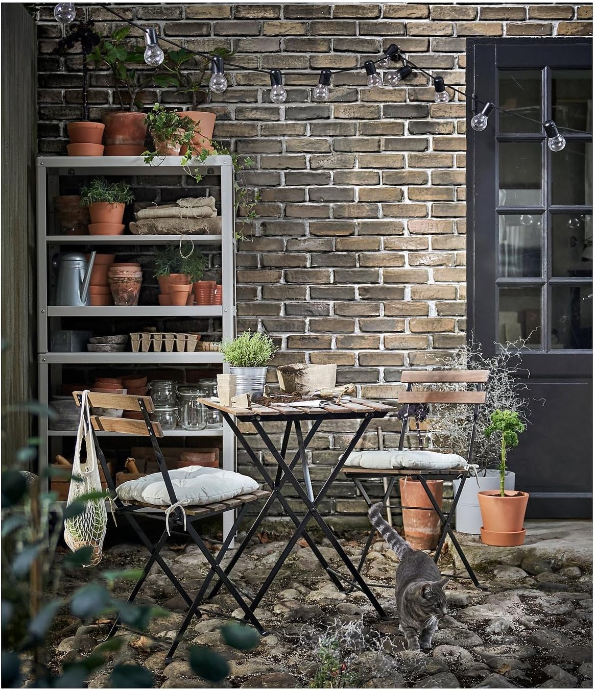 Outdoor Folding Chair, Solid Acacia Wood and Steel Patio Chair with Foldable Design, Compact Wooden Garden or Balcony Seating, 15.38 x 15.75 x 31.13 Inches (Foldable Black/Light Brown Stained)