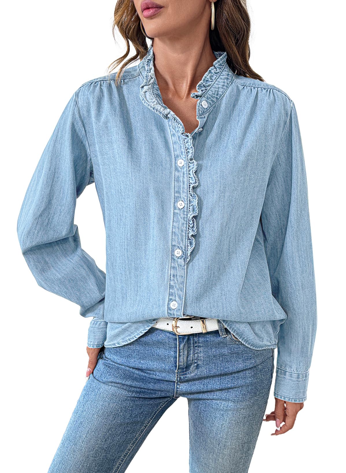 Sidefeel Womens Denim Shirt Button Down Long Sleeve Ruffled Edge Jean Blouses Tops