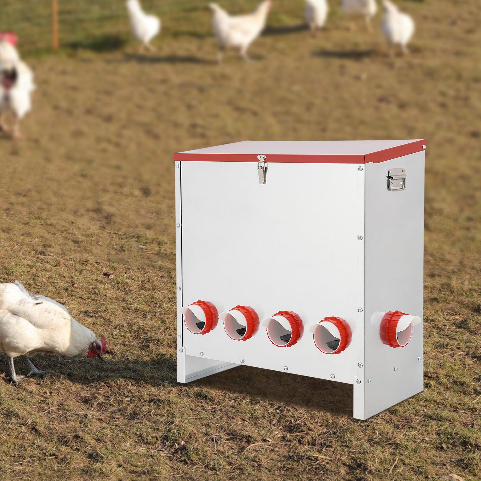 Comedero automático para gallinas, 30 kg/66 libras, de metal, con 10 orificios de alimentación y asa, resistente a la intemperie, adecuado para pollos, patos, aves de corral, etc.