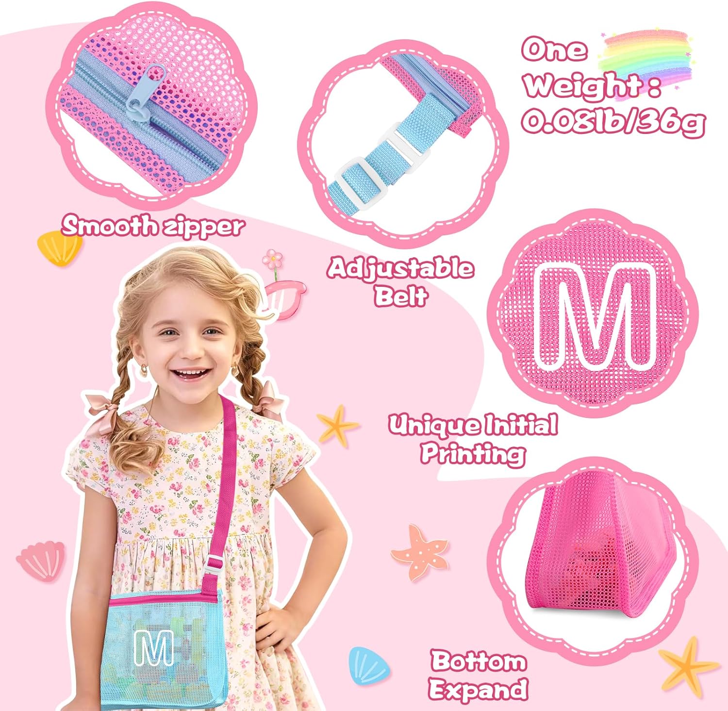 3Pcs Personalized Kids Beach Shell Bag, Initial Seashell Mesh Zipper Beach Pouch, Shell Collecting Bag for Holding Shells with Adjustable Straps, Sand Toys Swim Pouch Gift for Girl Boy Teens(Letter M)