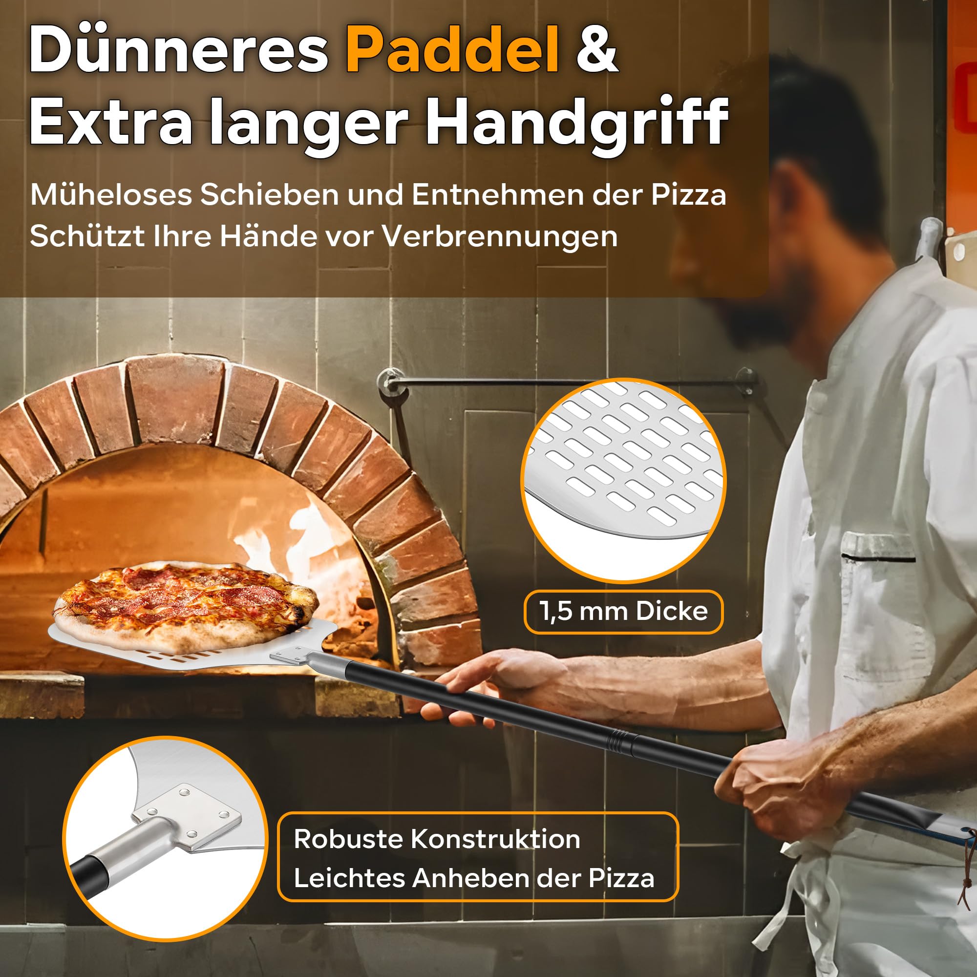 TEAMFAR Perforierter Pizzaschieber, 30,5 x 42 x 124 cm, Harteloxiertes Aluminium, leichtes Gleiten auf Pizzastein, rechteckig, großer Flächenanteil, abnehmbarer Griff