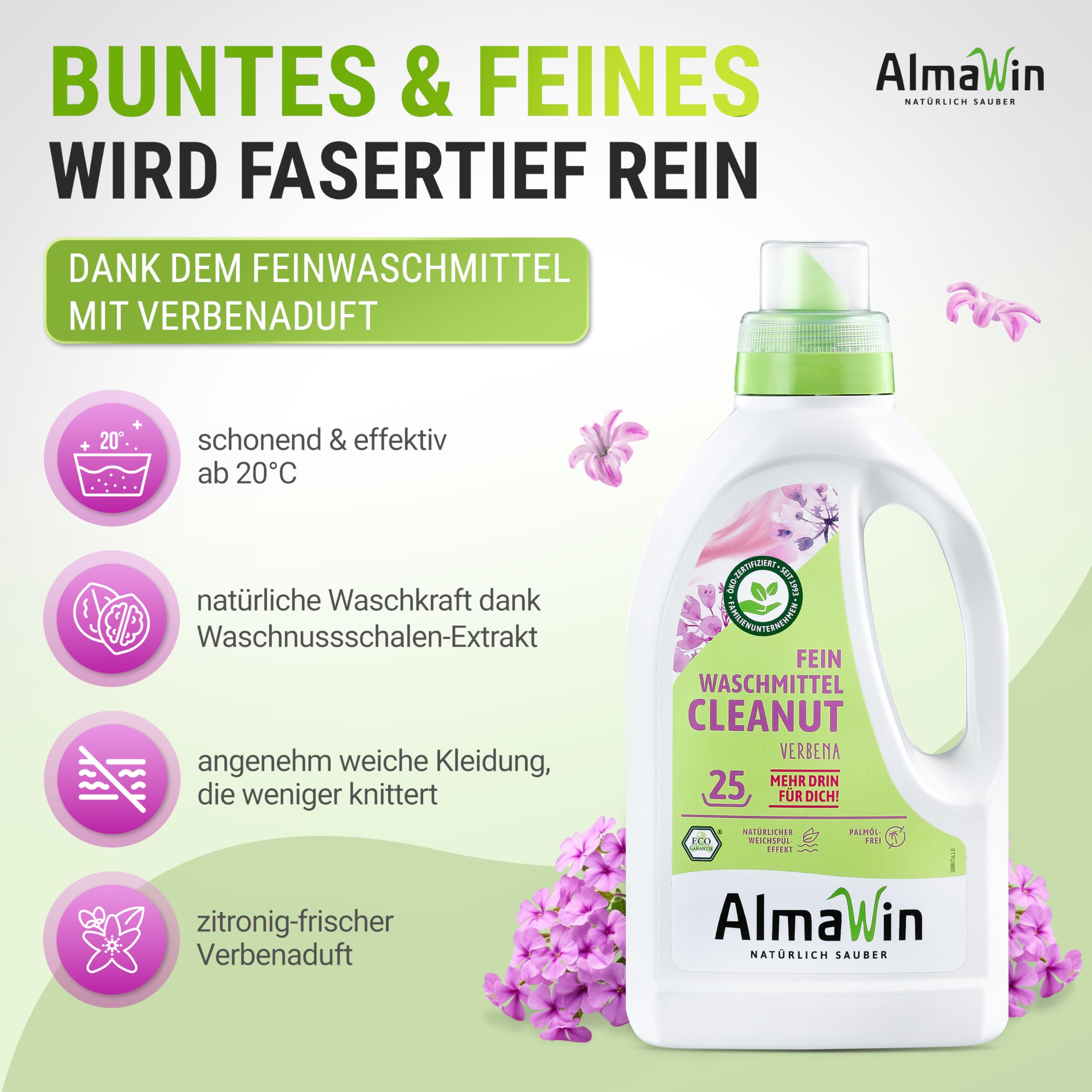 AlmaWin® Feinwaschmittel Cleanut [6x 750ml - 150 Ladungen] mit Waschnuss-Extrakt - Waschmittel mit Verbena-Duft für Feines & Buntes [20-60°C] - Flüssiges Waschmittel Natur - Öko, VEGAN & Palmölfrei