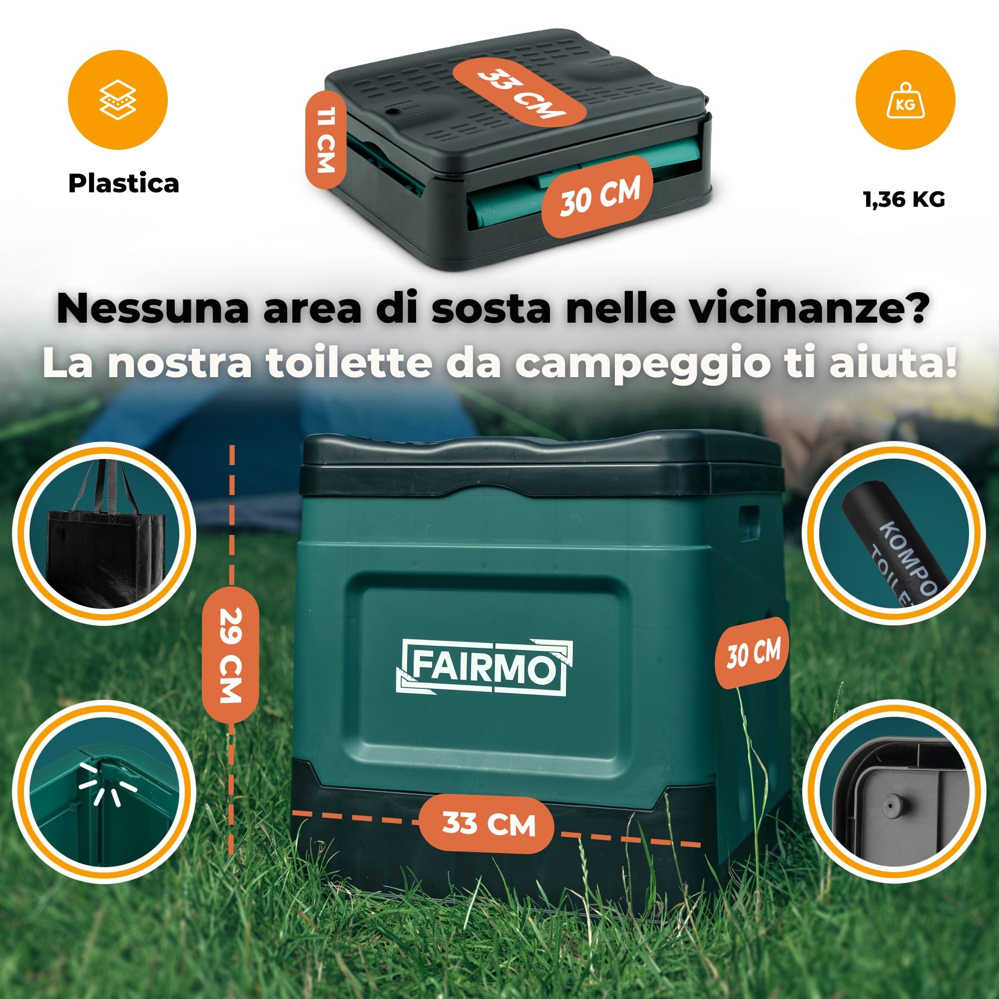FAIRMO La toilette da campeggio compatta pieghevole (con custodia e 24 sacchetti) – WC asciutto campeggio senza prodotti chimici – Lettiera da campeggio con coperchio – in viaggio, festival, emergenza
