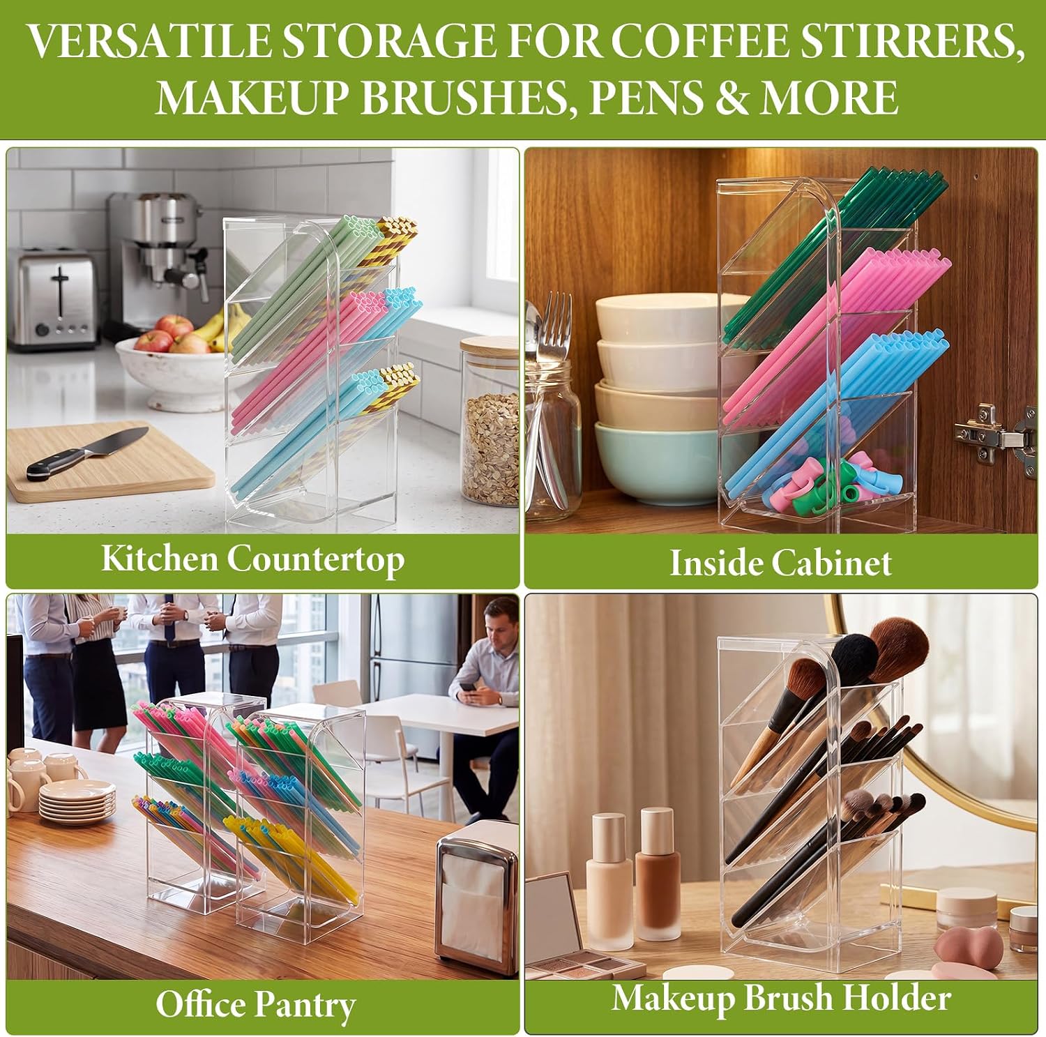 Novabright 2 Pack Clear Acrylic Straw Holder for Kitchen Countertop, Large Straw Storage 4 Tier Angled Design for 10-12 Inch Reusable Straws, Kitchen Accessories Container for Pantry Coffee Bar