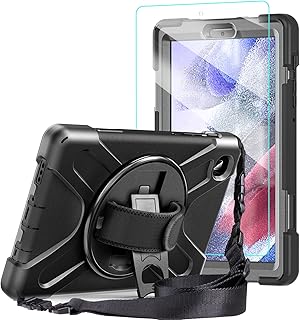 Samsung Galaxy Tab A7 Lite Case 8.7" w/Glass Screen Protector Stand&Hand Strap | Heavy Duty Rugged Silicone Kids Case for Galaxy Tab A7 Lite 2021 SM-T220/T225/T227U | Black