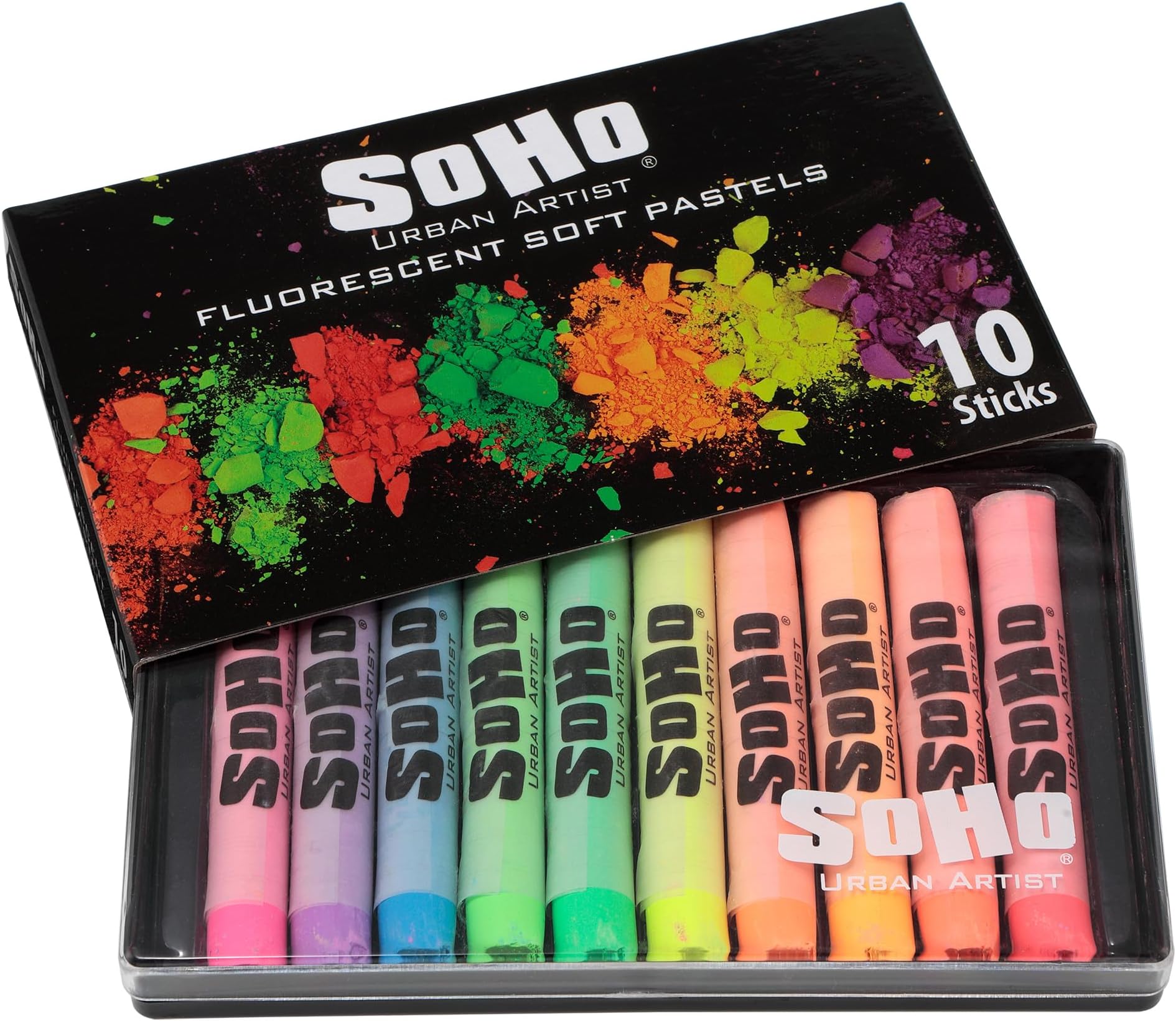 SoHo Urban Artist Soft Pastels Set of 10 Bright Fluorescent Neon Colors, Vibrant Pastel Sticks for Art, Drawing, Blending, Layering, Shading