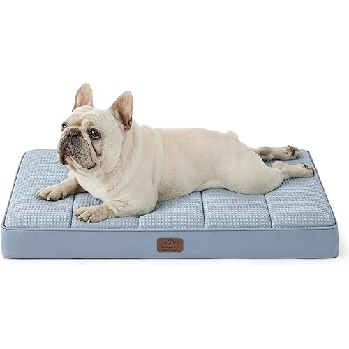 Bedsure Cooling Gel Foam Dog Bed for Large Dogs, Waterproof Orthopedic Egg Foam Dog Bed for Outdoor, Summer Comfort Pet Mats for Crate with Washable Cover(24"x16", Blue)