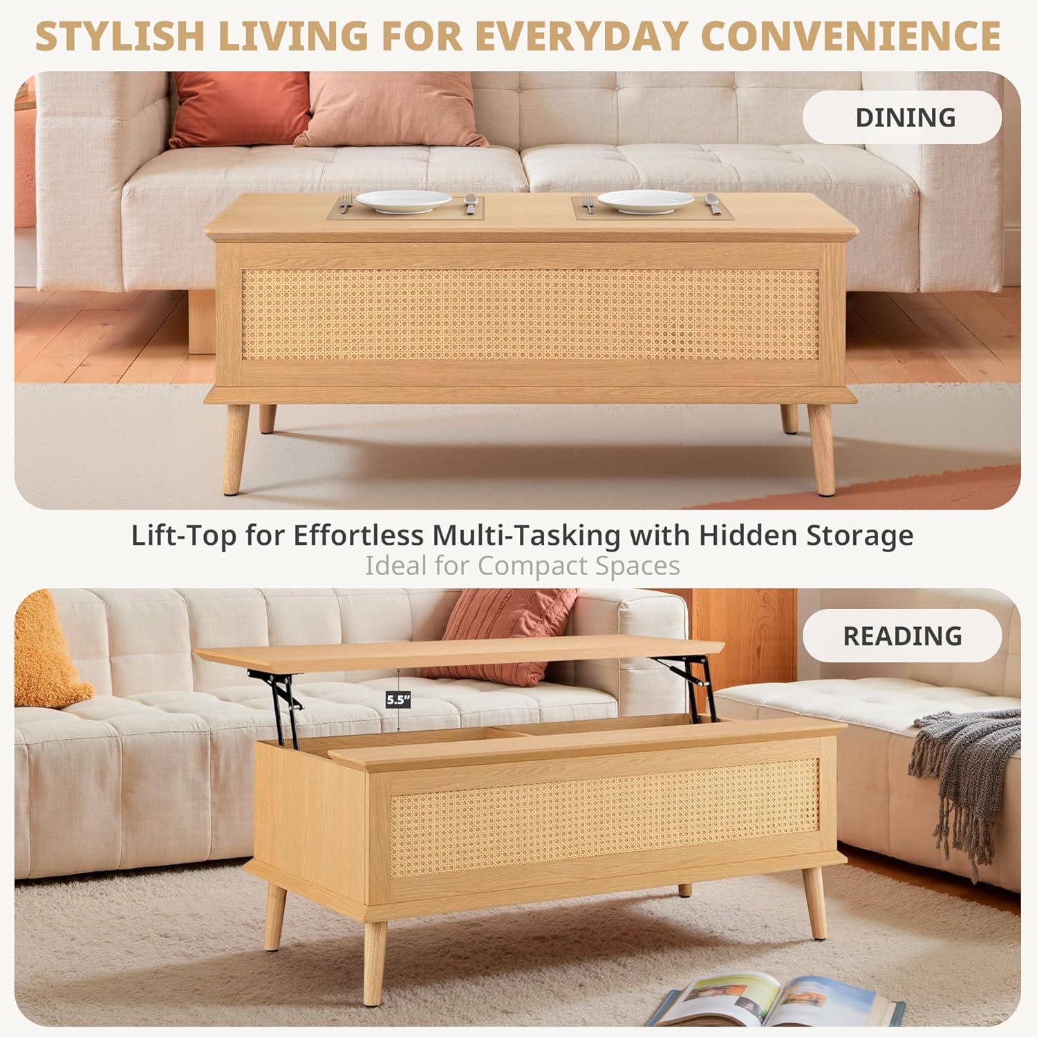 Ink+Ivy Solid Wood Lift Top Coffee Table with Storage Compartments and Large Shelves, Handwoven Rattan Accent Sides, Oak Wood Grain Coffee Tables for Home Living Room Natural