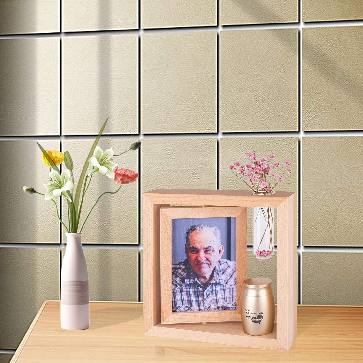 Personalized Memorial Picture Frames for Loss of Loved One &Custom Small Urn for Human Ashes with Photo Engraved Name Text -Sympathy Gifts for Loss of Loved One (Photo Frame- Golden Urn)