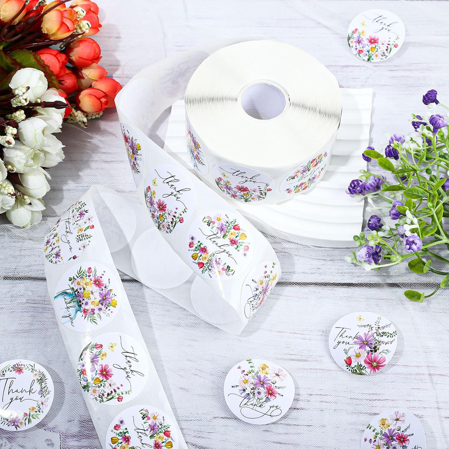 Whaline 1000Pcs Spring Thank You Stickers Roll 8 Designs Colorful Wildflower Self-Adhesive Round Label Decals for Spring Tea Baby Shower Birthday Gifts Envelopes Seal Greeting Cards Party Supplies