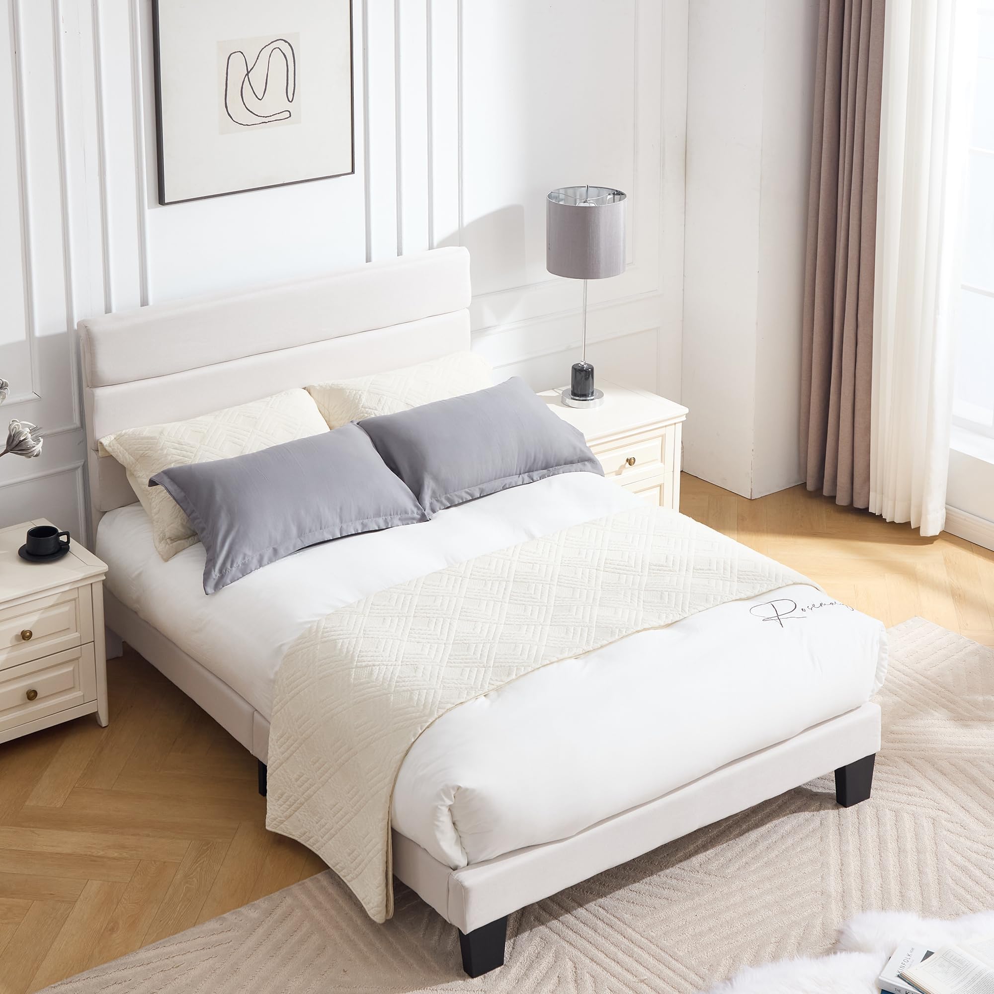 Full Size Platform Bed Frame ，Soft Fabric Headboard Bed Frame with Sturdy Wooden Slats – Modern & Noise Free，Fully Upholstered Mattress Foundation/Easy Assembly (Beige, Full)