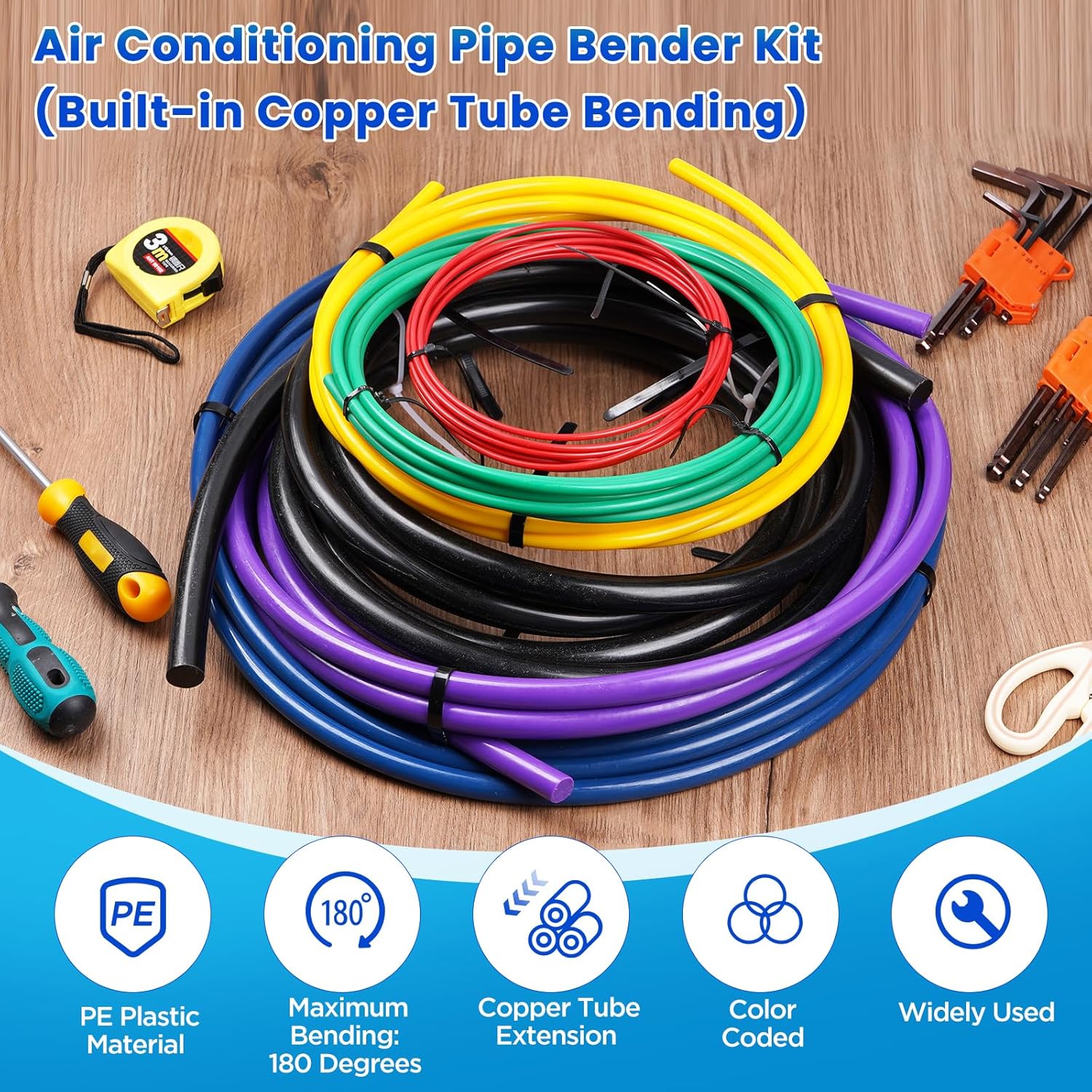4M Conditioning Copper Tubing Pipe Extension, 1/4" 1/2" 3/8" 5/8" 3/4" 7/8" Built-in Copper Tube Bending Strip Air Conditioning Pipe Bender Kit (6pcs)
