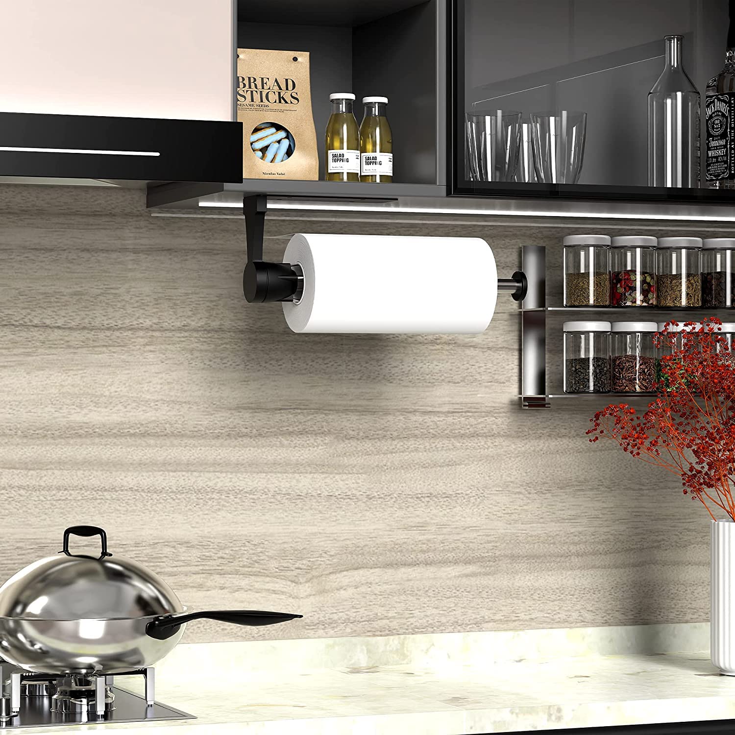 VEHHE Portarotolo da cucina con effetto ammortizzante, porta carta cucina senza fori, nero, sospeso, forte, autoadesivo, porta carta per cucina e bagno, entrambi disponibili con colla e viti