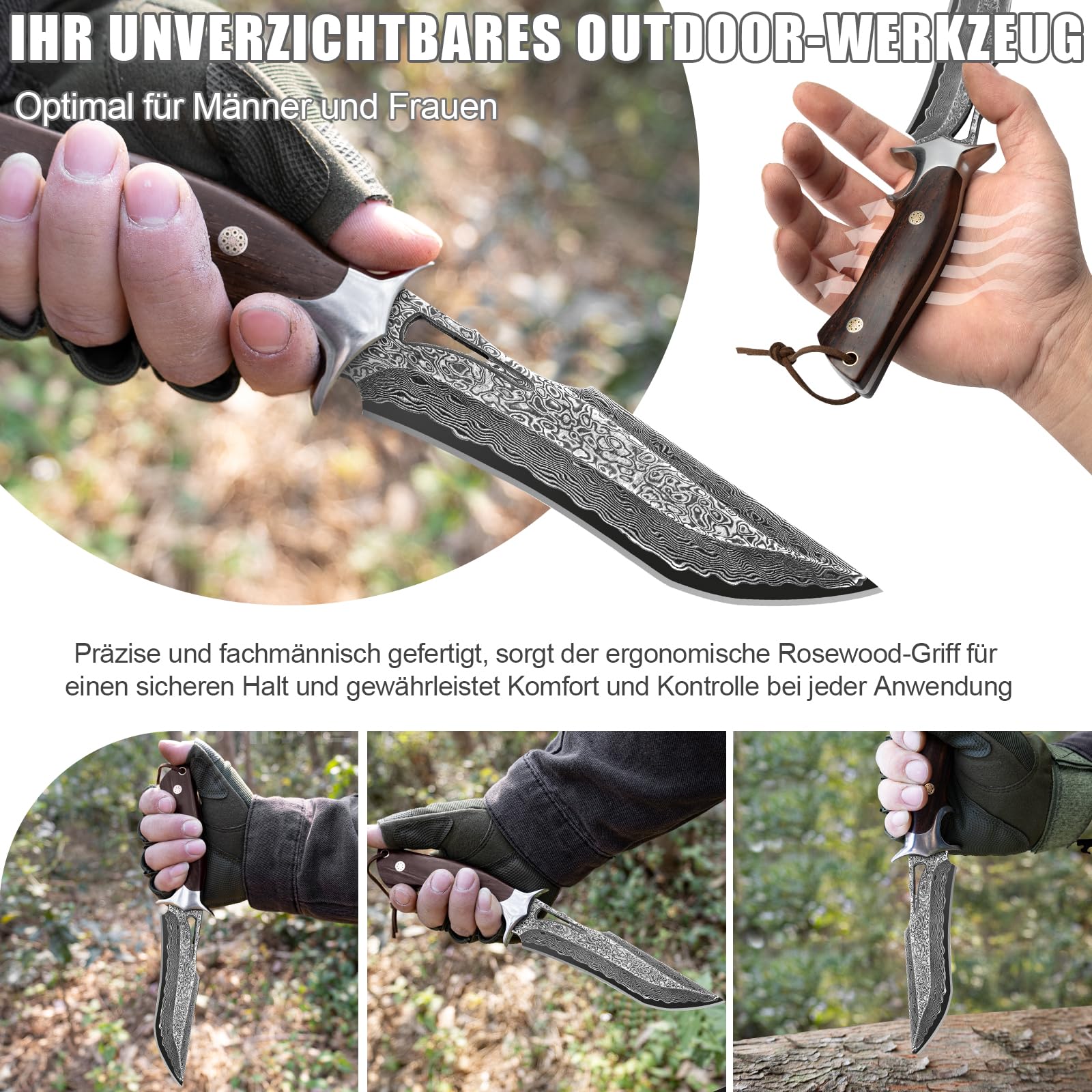 Damast Jagdmesser 26,4 cm, VG10 Feststehendes Bowie Survivalmesser | 67-lagiger Handgefertigter Damaszenerstahl mit Holzgriff und Echtlederscheide für Outdoor Bushcraft