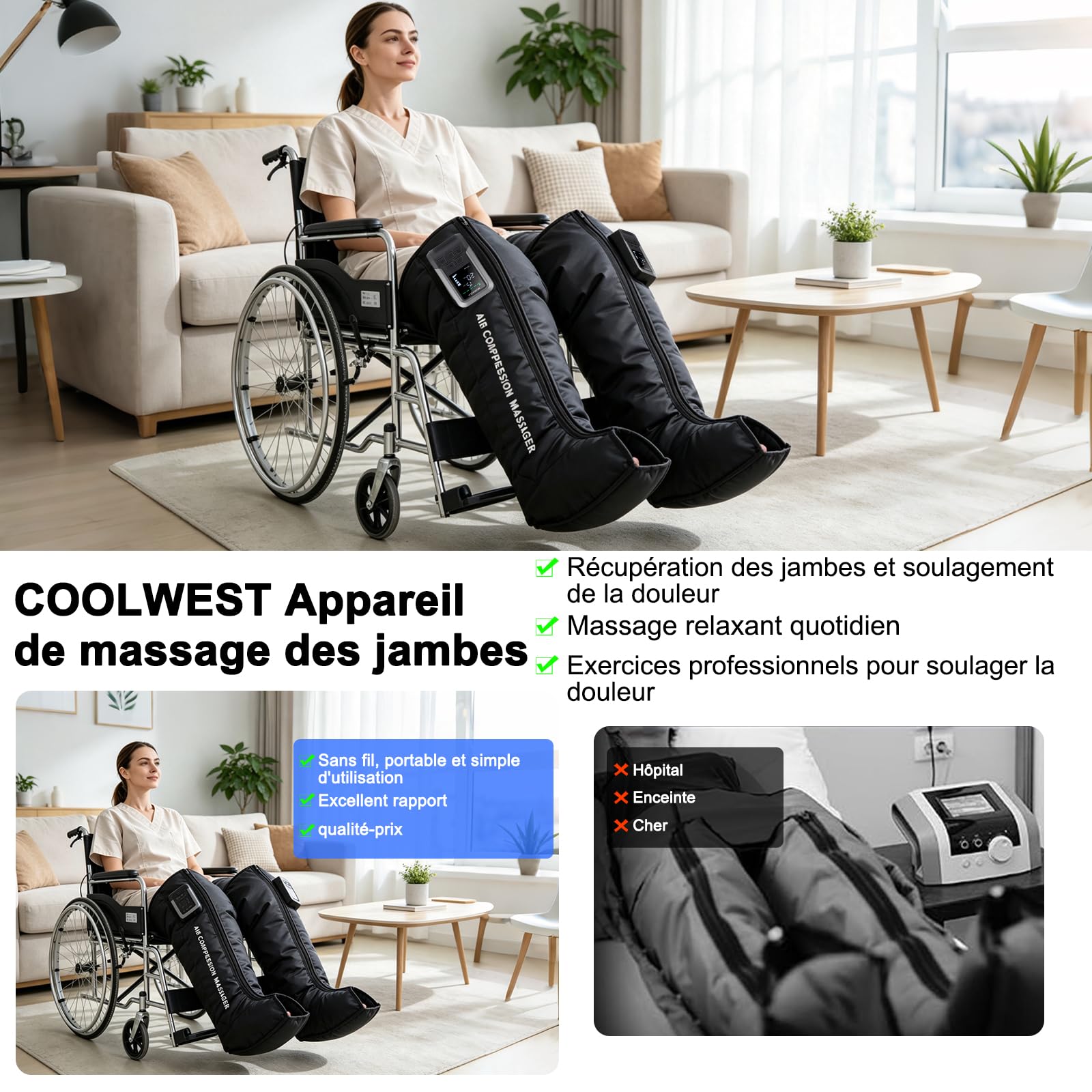 COOLWEST Massageur Jambes Compression, Circulation & Douleur (L)